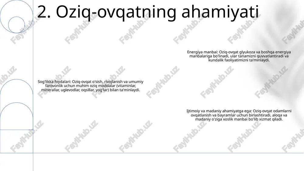 chiqarish. ovqat hazm qilish: ovqatni qon oqimiga so'rilishi mumkin bo'lgan kichikroq qismlarga ajratish jarayoni. bu mexanik (chaynash) va kimyoviy (fermentlar) jarayonlarini o'z ichiga oladi. 7. vitaminlar va minerallarning roli ovqat hazm qilish nima? ovqat hazm qilish tizimi ovqatni organizm o'zlashtira oladigan ozuqa moddalariga parchalash uchun birgalikda ishlaydigan organlarning murakkab tarmog'idir. ovqat hazm qilish og'izda boshlanadi, bu erda tupurik uglevodlarni parchalaydi. keyin ovqat yutiladi va qizilo'ngach orqali oshqozonga tushadi umumiy ovqat hazm qilish kasalliklari ko'plab umumiy ovqat hazm qilish kasalliklari barcha yoshdagi odamlarga ta'sir qilishi mumkin. ushbu buzilishlar qorin og'rig'i, shishiradi, diareya, ich qotishi va ko'ngil aynish kabi turli xil alomatlarga olib kelishi mumkin davolash ovqat hazm qilish buzilishini davolash asosiy sababga bog'liq. ba'zi ovqat hazm qilish kasalliklarini dori-darmonlar bilan davolash mumkin, boshqalari esa jarrohlik amaliyotini talab qilishi mumkin. xun va jismoniy mashqlar kabi turmush tarzini o'zgartirish ham simptomlarni yaxshilashga yordam beradi. 8. umumiy ovqat hazm qilish kasalliklari e'tiboringiz uchun rahmat …