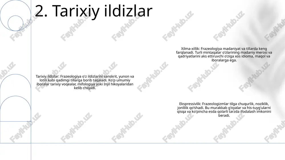 ognitiv va madaniy jihatlar tillararo taqqoslash - o'xshashlik va farqlarni aniqlash uchun tillardagi iboralar va idiomalarni qiyosiy tahlil qilish. fraziologiya - tildagi turg'un iboralar va idiomalarni, shu jumladan ularning kelib chiqishi, ma'nosi va ishlatilishini o'rganadigan fan. idiomalarni tarjima qilish - idiomalarni bir tildan ikkinchi tilga to'g'ri va idiomatik tarzda berish jarayoni. 8. tillararo taqqoslash idiomalarning turlari metaforik idiomalar: ikki narsani solishtirish uchun majoziy tildan foydalaning, masalan. "kick the bucket" (die) metonimik idiomalar: butunni ifodalash uchun biror narsaning bir qismini ishlating, masalan idiomalarning semantik xususiyatlari kompozitsiyasizligi: ayrim soʻzlardan bevosita maʼnoni anglatib boʻlmaydi, masalan. "chelakni tepmoq" tom ma'noda chelak tepishni anglatmaydi. an'anaviylik: ma'no so'zlashuvchilar jamoasi tomonidan baham ko'riladi va ona tili bo'lmaganlar tomonidan oson talqin etilmaydi idiomalarning ahamiyati o'z ona tiliga o'xshash ravonlik: tilni ona tilida so'zlashuvchi kabi tushunish va undan samarali foydalanish uchun zarur. madaniy tushuncha: til hamjamiyatining madaniyati va umumiy tajribalari haqida tushuncha bering 9. idiomni egallash majoziy til: metafora, …