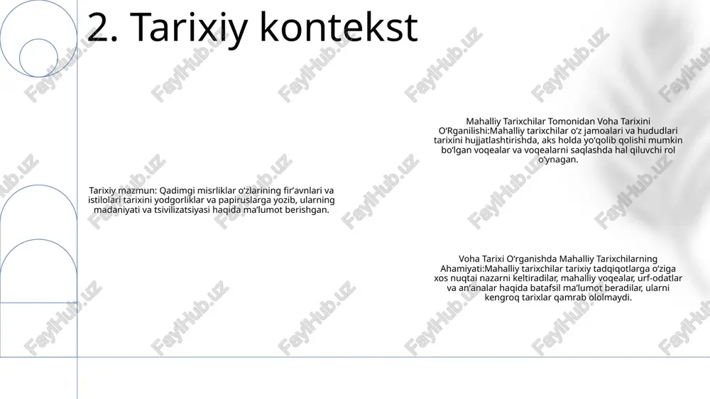 naydi. bu artefaktlar, o'tmish tsivilizatsiyalari qoldirgan jismoniy qoldiqlar madaniy amaliyotlar, texnologik yutuqlar va kundalik hayotning aniq dalillarini beradi. ushbu artefaktlarni o'rganish orqali mahalliy tarixchilar mintaqa tarixining keng qamrovli rasmini birlashtirishi mumkin, ko'pincha yozma yozuvni to'ldiradi va boyitadi. ular o'tmish jamiyatlarining hayoti, e'tiqodlari va ijtimoiy tuzilmalari haqida ma'lumot olish uchun artefaktlardagi materiallar, shakllar va yozuvlarni tahlil qiladilar. 6. madaniy artefaktlar diniy ahamiyati: mahalliy qur'on arabcha so'z bo'lib, ma'lum bir joy yoki joyni anglatadi. islom an'analarida bu ma'naviy ahamiyatga ega va ko'pincha ilohiy vahiy bilan, ayniqsa qur'onda tilga olingan joylar bilan bog'liq. mahalliy tarixchilar tomonidan voha tarixini oʻrganilishi:mahalliy tarixchilar “mahalliy” atamasining etimologiyasini oʻrganishgan. ularning tadqiqotlari ushbu so'zning tarixiy rivojlanishi va turli kontekstlarda qo'llanilishini o'rganib, uning kelib chiqishi va evolyutsiyasini ochib berishga qaratilgan. tilshunoslik tahlili: “mahalliy” soʻzining oʻzagi “zal” boʻlib, “tushish” yoki “joyni egallash” maʼnosini bildiradi. ushbu etimologik bog'liqlik biror narsa tushgan yoki o'rnashgan joy atamasi va tushunchasi o'rtasidagi bog'liqlikni ko'rsatadi, bu islom …