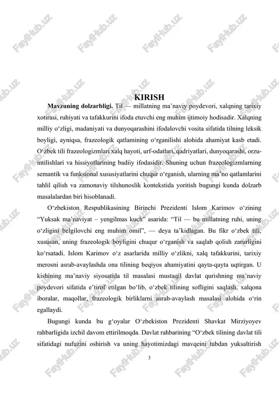 dasturi” tilni rivojlantirishda yangi bosqichni boshlab berdi. prezident nutqlarida tilni xalqning ma’naviy yuragi, milliy o‘zlikni ifodalovchi timsol sifatida e’tirof etilishi o‘zbek tilining barcha qatlamlarini, jumladan, frazeologik boyligini chuqur tadqiq etish zarurligini taqozo etadi. hozirda tilshunoslik, tarjima, adabiyot va pedagogika sohalarida frazeologizmlarning o‘rni, ularning semantik va funksional imkoniyatlarini o‘rganishga bag‘ishlangan tadqiqotlar davlat siyosati darajasida qo‘llab-quvvatlanmoqda. o‘zbekiston fanlar akademiyasi, oliy ta’lim, fan va innovatsiyalar vazirligi, tilshunoslik markazlari va oliy o‘quv yurtlarida tilni rivojlantirish, leksik boylikni tahlil qilish, frazeologizmlarning izohli va tematik lug‘atlarini yaratish, ularni raqamlashtirish bo‘yicha amaliy ishlar olib borilmoqda. bu chora-tadbirlar milliy tilni zamon talablari asosida rivojlantirish bilan birga, xalq og‘zaki ijodi, maqol-matal, ibora va turg‘un birikmalarning ilmiy o‘rganilishini ham jadallashtirdi. frazeologizmlar o‘zbek xalqining asrlar davomida shakllangan tafakkuri, hayotiy tajribasi va ruhiyatini ifoda etuvchi badiiy vositalar bo‘lib, ularni o‘rganish o‘zbek tilining badiiy-estetik salohiyatini, milliy ruhini yanada chuqur anglashga yordam beradi. bu borada akademik va professor olimlar — a. madvaliyev, m. asqarova, …