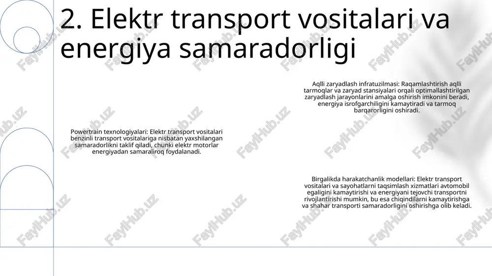 utuqlar yuqori energiya zichligi, uzoq umr ko'rish va tezroq zaryadlash imkoniyatlarini beradi. smart grid integratsiyasi: ev va energiya saqlash tizimlarini aqlli tarmoqqa integratsiya qilish energiya boshqaruvini optimallashtirish va tarmoq barqarorligini ta'minlash uchun zarurdir raqamli transformatsiya: sun'iy intellekt (ai), mashinani o'rganish (ml) va katta ma'lumotlar tahlili kabi raqamli texnologiyalar energiyani saqlash va ev sanoatini o'zgartirmoqda 6. energiyani saqlash va ev batareyalari smart grid management: elektr transport vositalarini (ev) aqlli tarmoqqa integratsiyalashuvi energiya talabi va taklifini muvozanatlash, tarmoq samaradorligini optimallashtirish va xarajatlarni kamaytirishga yordam beradi. ev zaryadlashni optimallashtirish: aqlli zaryadlash strategiyalari ev larni tirbandlikdan tashqari soatlarda zaryadlash imkonini beradi, tarmoq yukini va xarajatlarni minimallashtiradi, shu bilan birga qayta tiklanadigan energiya manbalaridan maksimal darajada foydalanishni ta'minlaydi. energiyani saqlash va tarmoqning chidamliligi: ev'lar taqsimlangan energiya saqlash aktivlari bo'lib xizmat qiladi, ishlab chiqarishning eng yuqori cho'qqilarida ortiqcha energiyani saqlash va talabning keskin o'sishi paytida uni chiqarish orqali tarmoqqa moslashuvchanlik va moslashuvchanlikni ta'minlaydi. 7. smart grid …