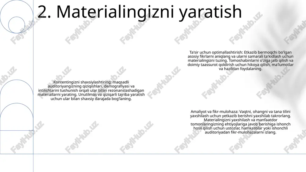 ng. 5. bosqich qo'rquvini engish 1. asoslarni tushuning: improvizatsiyani o'zlashtirish uchun mustahkam poydevor kerak. "ha, va" va "hamkoringizni yaxshi ko'ring" kabi takomillashtirish tamoyillarini o'rganing. o'z mahoratingizni oshirish uchun muntazam mashg'ulotlar bilan shug'ullaning. 2. o'z-o'zidan qabul qiling: improvizatsiyada kutilmagan narsa sizning do'stingizdir. perfektsionizmdan voz keching va san'at shaklining o'z-o'zidan paydo bo'ladigan tabiatini qabul qiling. ijodkorligingiz erkin oqishiga imkon berib, tavakkal qilishga va kashf qilinmagan hududni o'rganishga tayyor bo'ling. 3. ovozingizni toping: har bir improvizatorning o'ziga xos nuqtai nazari va ovozi bor. sizni nimadan ajratib turishini bilib oling va undan o'z foydangiz uchun foydalaning 6. improvizatsiya san'atini o'zlashtirish e'tiboringiz uchun rahmat @taqdimot_robot image1.png /docprops/thumbnail.jpeg