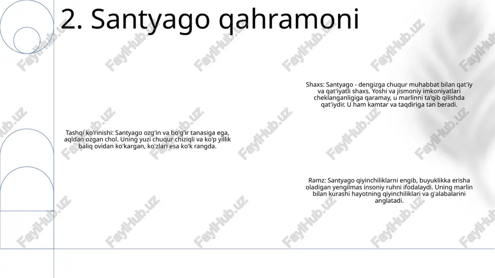 lar bizning hayotimiz, qilgan tanlovlarimiz va yo'lda o'rnatgan aloqalarimiz haqida fikr yuritish uchun chaqiriq bo'lib xizmat qiladi va gobelendagi o'rnimizni chuqurroq tushunishga ilhomlantiradi. inson mavjudligi. 7. o'z-o'zini kashf qilish sayohati mifologik mavjudotlar: dostonda ajdarlar, simurg‘lar, so‘zlashuvchi hayvonlar kabi afsonaviy mavjudotlar folklor va qadimgi e’tiqodlarning fantastik elementlarini ifodalaydi. insonning chidamliligi: hikoya insonning qiyinchiliklarni engish qobiliyatini ta'kidlab, qahramonlarning qiyinchiliklar va sinovlarga qarshi kuchini, jasoratini va qat'iyatini namoyish etadi. madaniy meros: chol va dengiz asari an'anaviy urf-odatlar, e'tiqodlar va qadriyatlarni o'zida mujassam etgan holda, xalqning umumiy donoligi va an'analari haqida tushunchalar berib, o'z mintaqasining madaniy merosini saqlaydi va ulug'laydi. 8. universal mavzular e'tiboringiz uchun rahmat @taqdimot_robot image1.png /docprops/thumbnail.jpeg