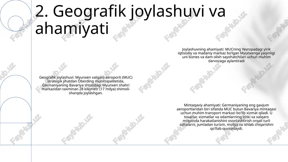 yon uglerod neytralligiga erishdi va sertifikatlangan iqlimni muhofaza qilish loyihalari orqali qolgan emissiyalarini qopladi va bu marraga erishgan birinchi yirik yevropa aeroportiga aylandi. barqaror harakatlanish: myunxen aeroporti transport bilan bog'liq chiqindilarni minimallashtirish va ekologik toza sayohatlarni qo'llab-quvvatlash uchun barqaror transport imkoniyatlarini, jumladan, jamoat transporti, elektron mobillik va velosiped almashishni targ'ib qiladi. 6. barqarorlik tashabbuslari va sertifikatlari 3-terminalni kengaytirish: aeroport 2025 yilga kelib 3-terminalni kengaytirishni rejalashtirmoqda, bu esa uning sig'imini yiliga 25 million yo'lovchiga oshirishni rejalashtirmoqda. uchinchi uchish-qo‘nish yo‘lagi qurilishi: myunxen aeroporti ortib borayotgan talabni qondirish uchun uchinchi uchish-qo‘nish yo‘lagini qurishning maqsadga muvofiqligini baholamoqda, yakunlanishi 2030 yilga mo‘ljallangan. barqaror rivojlanish tashabbuslari: aeroport 2030 yilgacha qayta tiklanadigan energiya, samarali operatsiyalar va barqaror qurilish amaliyotlariga e'tibor qaratgan holda ugleroddan neytral bo'lishni maqsad qilgan. 7. kelajakdagi kengaytirish va rivojlanish rejalari ish o'rinlarini yaratish: myunxen xalqaro aeroporti mintaqada bevosita va bilvosita 400 000 dan ortiq ish o'rinlarini qo'llab-quvvatlaydi. iqtisodiy rag'batlantirish: aeroport yiliga taxminan 18 milliard …