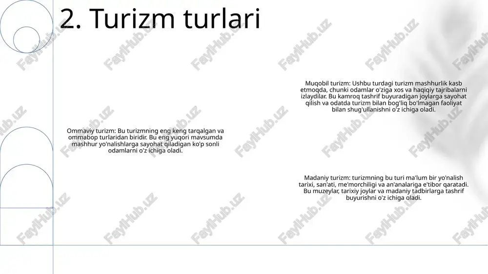 mavjudlik ehtiyojlariga moslashtirilgan shaxsiy tajribalarni kutishadi. barqarorlik va ekologik xabardorlik: sayohatchilar atrof-muhitga ta'sirni minimallashtiradigan va mahalliy tabiatni muhofaza qilish sa'y-harakatlarini rag'batlantiradigan ekologik toza turizm variantlarini tobora ko'proq izlaydilar. texnologiya integratsiyasi: ilg‘or texnologiyalar virtual va to‘ldirilgan reallik, interaktiv xaritalar va sun’iy intellekt asosidagi tavsiyalar orqali turizm tajribasini yaxshilaydi. 8. turizm va rekreatsiyaning kelajakdagi tendentsiyalari e'tiboringiz uchun rahmat @taqdimot_robot image1.png /docprops/thumbnail.jpeg