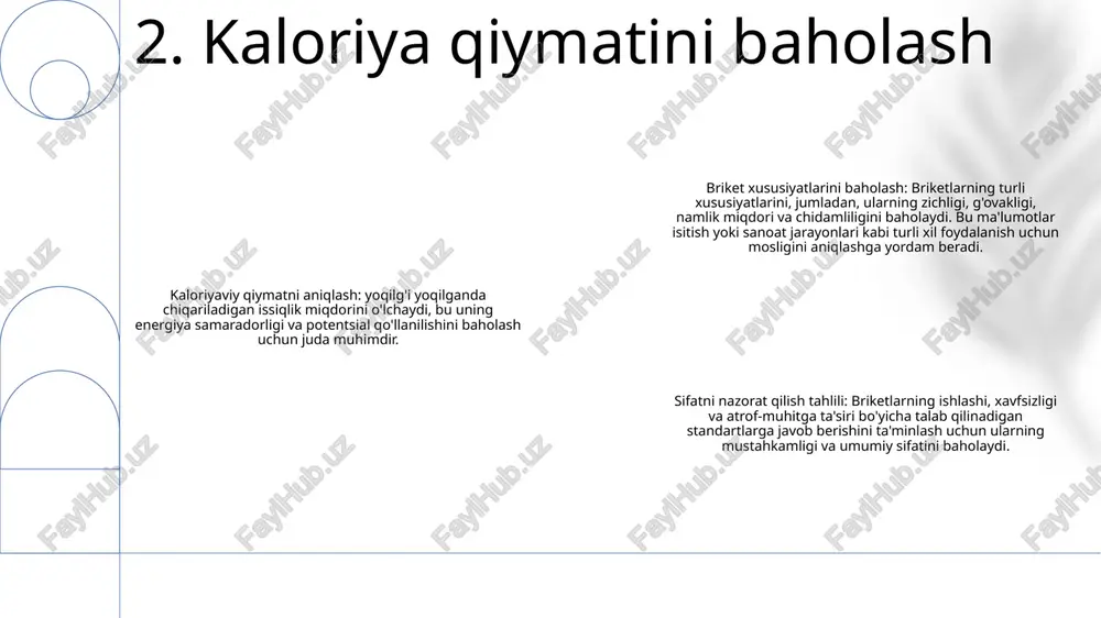 a chidamliligini baholaydi. mexanik stressga duchor bo'lganidan keyin buzilmagan holda qoladigan briketlarning foizini o'lchaydi. briket o'lchamlarini aniqlash: standart o'lchamlarga mos kelishini ta'minlash uchun briketlarning uzunligi, kengligi va balandligini o'lchaydi. sanoat ilovalarida to'g'ri yonish va ishlov berish uchun maxsus spetsifikatsiyalarga mos keladi. briket xususiyatlarining xarakteristikasi: kaloriyaviy qiymat, zichlik, namlik va kul miqdorini baholaydi. energiya tarkibini, massa zichligini va namlikni yutish qobiliyatini aniqlaydi. briketlarning sifati va ishlashi haqida ma'lumot beradi. 6. jismoniy barqarorlik testi yonish vaqti: briketlarning doimiy yonishi va yonishi uchun zarur bo'lgan minimal vaqt. standartlashtirilgan ateşleme usullari yordamida tahlil qilinadi. yonish darajasi: briketlar yoqilg'i iste'mol qilish va energiya chiqarish tezligi. yoqilg'i samaradorligi va isitish potentsialini aniqlash uchun boshqariladigan yonish sharoitlari yordamida aniq o'lchanadi. briketlarning xususiyatlari va sifati (chinligi va sifatini): briketlarning fizik-kimyoviy xususiyatlarini, jumladan zichligi, namligi, kul miqdori va kaloriya qiymatini baholash. muayyan ilovalar uchun ularning muvofiqligini va sanoat standartlariga muvofiqligini aniqlaydi. 7. yonish vaqti va yonish tezligi tahlili atrof-muhitga …