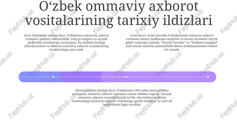 larida kontent taqdim etuvchi muhim ishtirokga ega. onlayn media qonunchiligi: o‘zbekiston media landshafti “ommaviy axborot vositalari to‘g‘risida”gi qonun bilan tartibga solinadi, unda onlayn oav uchun qoidalar, jumladan, ro‘yxatdan o‘tish talablari va kontent cheklovlari belgilab qo‘yilgan. tsenzura va internet erkinligi: konstitutsiyada so'z erkinligi kafolatlanganiga qaramay, o'zbekistonda tsenzura va internet cheklovlari haqida xavotirlar mavjud. hukumat internet-provayderlar ustidan nazoratni qoʻllab-quvvatlamoqda va maʼlum qilinishicha, ayrim veb-saytlar va ijtimoiy media akkauntlariga kirishni bloklagan. o'zbekistondagi ijtimoiy tarmoqlar onlaynfreedominuzbekistan: ommaviy axborot vositalari erkinligi yaxshilanganiga qaramay, o'zbekiston hamon onlayn tsenzura va so'z erkinligini cheklash bilan bog'liq muammolarga duch kelmoqda, hukumat norozi ovozlarni faol ravishda kuzatib boradi va bosadi. socialmediausageinuzbekistan: o‘zbekiston ijtimoiy tarmoqlarning eng ko‘p kirib borgan 10 ta davlati qatoriga kiradi, aholining 90% dan ortig‘i facebook, instagram va telegram kabi platformalardan foydalanadi. medialandscapeinuzbekistan: oʻzbekistondagi media landshafti sezilarli oʻzgarishlarga duch keldi, davlat nazoratidagi ommaviy axborot vositalari bilan bir qatorda turli istiqbol va axborot manbalarini taqdim etuvchi xususiy ommaviy axborot …