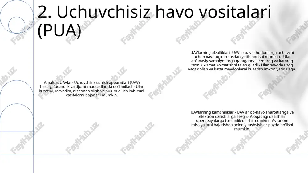 biroq ular shiddat bilan dunyo xavfsizligi uchun asosiy tahdidga aylanib bormoqda. ularning yuqori tezlikda harakat qilish va katta aniqlik bilan zarba berish qobiliyati ularni dahshatli qurolga aylantiradi 5. gipersonik raketalar sun'iy intellekt bilan ishlaydigan qurollar: aniqlik va o'lim qobiliyatini oshirish. sun'iy intellekt (ai) qurol tizimlarini inqilob qilmoqda, bu esa aniqlik, o'lim qobiliyatini oshirish va janglarda inson ishtirokini kamaytirish imkonini beradi axloqiy tashvishlar va urush kelajagi qurol tizimlariga sun'iy intellektning integratsiyasi janglarda avtonom qarorlar qabul qilish potentsialiga oid axloqiy xavotirlarni keltirib chiqaradi sun'iy intellekt asosida ishlaydigan qurollarni ishlab chiqish bo'yicha global poyga ai qurollarini ishlab chiqish butun dunyo bo'ylab harbiylar uchun ustuvor vazifaga aylanib bormoqda va bu ilg'or qobiliyatlarni egallash uchun poygaga olib keladi 6. qurol tizimlarida sun'iy intellekt koinot qoldiqlari va uning ta'siri: - tashlangan sun'iy yo'ldoshlar va raketa bosqichlari natijasida yuzaga keladigan kosmik qoldiqlar muammosini muhokama qiling. - faol sun'iy yo'ldoshlar va kosmik kemalarga zarar etkazish potentsialini ta'kidlang. sun'iy …