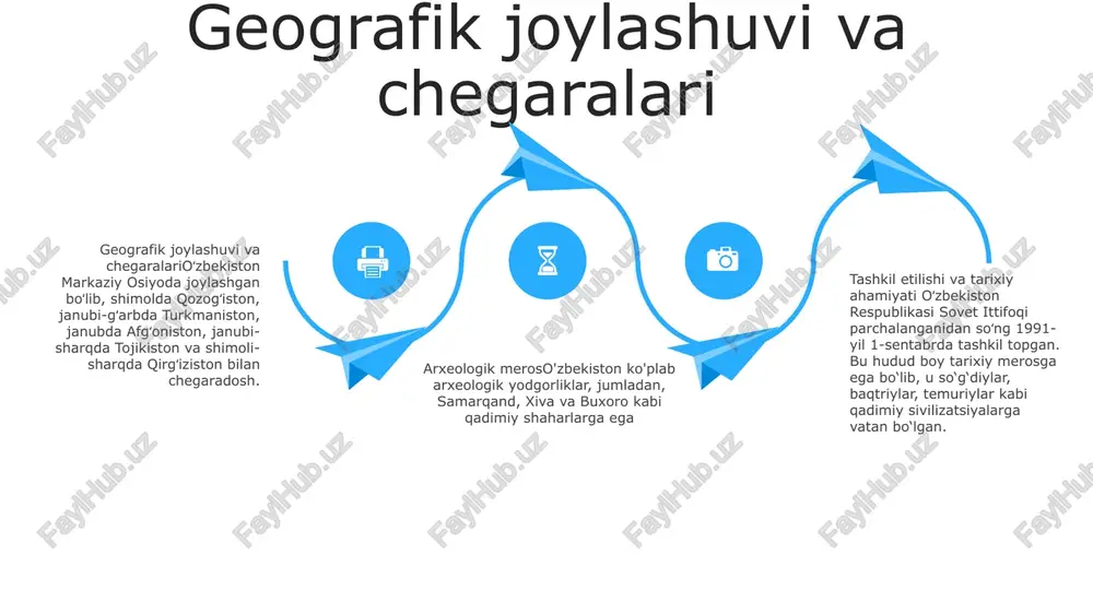 on respublikasining tashkil topishi va tarixiy ahamiyati-1991-yilda mustaqillikka erishgan-oʻzbekiston sovet sotsialistik respublikasining vorisi-davlat-qadim zamonlarga borib taqaladigan boy tarixga ega-oʻrta osiyodagi muhim savdo va madaniyat markazi usbekxon va o'zbek xonligi start usbekxon va oʻzbek xonligi- xiv asrda oʻzbek xonligini barpo etgan moʻgʻul hukmdori.- bosqinlar va ittifoqlar orqali xonlik hududini kengaytirdi.- harbiy jasorati va olimlarga homiyligi bilan mashhur. o'zbekiston respublikasining tashkil topishi- 1991 yil 31 avgustda sovet ittifoqidan mustaqilligini e'lon qildi.- yangi konstitutsiya qabul qilindi va prezidentlik boshqaruv tizimi o'rnatildi.- mustaqillikning dastlabki yillarida muhim iqtisodiy va siyosiy muammolarga duch keldi. tarixiy ahamiyati- oʻzbek xonligi markaziy osiyo madaniyati va oʻziga xosligining rivojlanishida muhim rol oʻynadi.- oʻzbekiston respublikasining tashkil topishi oʻzbek xalqining oʻz taqdirini oʻzi belgilashi va suverenitetining yangi davrini boshlab berdi.- har ikki voqea ham davom etmoqda rossiya istilosi va mustamlakachilik davri mustamlaka davri: rossiya hukmronligi ostida oʻzbekistonda iqtisodiy va ijtimoiy oʻzgarishlar yuz berdi. sanoatlashtirish va urbanizatsiya sodir bo'ldi, ammo majburiy mehnat va …