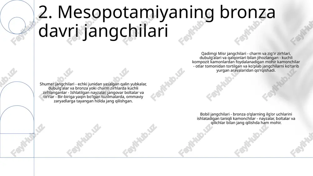 sish kabi kundalik ishlarda ishlatilgan. 6. mesopotamiyaliklarning o'qlari klub turlari: qadimgi misrliklar turli xil kaltaklar, jumladan, yog'och o'qlarga bog'langan to'r boshlari, sharsimon boshlar va nok shaklidagi boshlarni ishlatgan. qurilish: klublar odatda tosh, yog'och yoki metalldan yasalgan. granit yoki diorit kabi bardoshli materiallardan tayyorlangan tosh klublar ayniqsa mashhur edi. jangovar ilovalar: klublar janglarda va o'zini himoya qilishda yaqin jang qilish uchun ishlatilgan. ular piyodalarga qarshi samarali bo'lgan va arava jangchilari uchun asosiy qurol bo'lib xizmat qilgan. 7. qadimgi misrliklarning klublari metallga ishlov berish inqilobi: bronza davri qurol ishlab chiqarishning yangi davrini boshlab, bronzaning keng qo'llanilishi bilan asosiy texnologik bosqichni belgiladi. xanjar dizayni va hunarmandchiligi: qadimgi misr va mesopotamiya qo'shinlari ko'pincha kavisli pichoqlar, mustahkamlangan dastalar va dekorativ o'yma naqshlarni o'z ichiga olgan murakkab xanjar dizaynlaridan foydalanganlar. quvvat va obro'-e'tibor ramzi: bronza davridagi xanjarlar qurol sifatida amaliy foydalanishdan oshib ketgan. ular hokimiyat, maqom va ijtimoiy ierarxiyaning timsoliga aylandi, ko'pincha ajoyib tarzda yaratilgan va …
