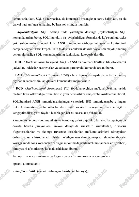 rda barcha jarayonlarni imkon darajasida ruxsatsiz kirishlardan, ruxsatsiz o'zgartirishlardan va tizimga ruxsatsiz kirishlardan ma'lumotlarimizni ximoyalash dolzarb masala hisoblanadi. ushbu qo'yilgan masalaning maqsadi shundan iboratki xozirgi kunda soxa korxonalarini birgin muommo tegishli ma'lumotlar bazasini (ombori) ximoyasini ta'minlashga ko'maklashishdan iborat. axborot xavfsizligining quyidagi uchta komponentalari tushunchasi orqali aniqlanadi: • konfidensiallik (ruxsat etilmagan kirishdan himoya); • butunlik (axborotni ruxsat etilmagan o'zgartirishdan himoyalash); • kirish xuquqi (ishlanuvchanlikni himoyalash, buzilishdan himoyalash, axborot va resurslarni ruxsat etilmagan ushlab qolishdan himoyalash). quyida biz ko'rsatib o'tadigan dastur jamiyatimizni turli soxalarda turlicha qo'llanishi mumkin. masalan xozirgi kunda o'zbekistonning deyarli hamma tashkilot, korxona va firmalarida yoki aloqa kompaniyalari (ucell, belayn) ham o'z ma'lumotlarini my sql, oracle, ms sql server va boshqa dasturlaridan foydalanishadi va o'z ishini amalga oshiradi. zamonaviy ma’lumotlar bazasini boshqarish tizimlari. oracle, access, ms sql va boshqalar. markazlashgan arxitektura ma'lumotlar bazasining ushbu texnologiyada mb, mbbt va dasturiy ta'minot (ilovalar) bitta kompyuterda (meynfreym yoki personal kompyuterda, 1- rasm) joylashgan. …