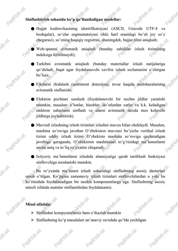 a so’roviga javoban o’zbekiston mavzusi bo’yicha vertikal izlash tizimi oddiy izlash tizimi o’zbekisto mashina so’roviga qaytaradigan javobiga qaraganda, o’zbekiston mashinalari to’g’risidagi ma’lumotlarni ancha aniq va to’liq ro’yxatini chiqaradi; · ixtiyoriy ma’lumotlarni izlashda ahamiyatiga qarab tartiblash funksiyasi sinflovchiga asoslanishi mumkin. bu ro’yxatda ma’lumot izlash sohasidagi sinflashning asosiy dasturlari sanab o’tilgan. ko’pgina zamonaviy izlash tizimlari sinflovchilardan u yoki bu ko’rinishda foydalanadigan bir nechta komponentlarga ega. sinflashning asosiy misoli sifatida matnlar sinflanishidan foydalanamiz. misol sifatida: · sinflashni kompyuterlarsiz ham o’tkazish mumkin · sinflashning ko’p masalalari an’anaviy ravishda qo’lda yechilgan · masalan, kutubxonachilar kutubxonaga kelgan resurslarni avval turiga qarab sinflashtiradi · so’ng, oid bo’lgan sohasiga qarab sinflashtiradi sinflash qoidasi qoida sinfga xos bo’lgan bir nechta kalit so’zlardan tashkil topgan. · qo’lda tashkil etilgan qoida masshtablash uchun yaxshi imkoniyatlarga ega; · lekin vaqt o’tishi bilan ularning yaratilishi va kuzatilishi murakkab bo’lib boraveradi. · tajribali insonlar sinflashda avtomatik generatsiyalash bilan raqobatlashadigan va xatto ulardan o’tadigan qoidalar …
