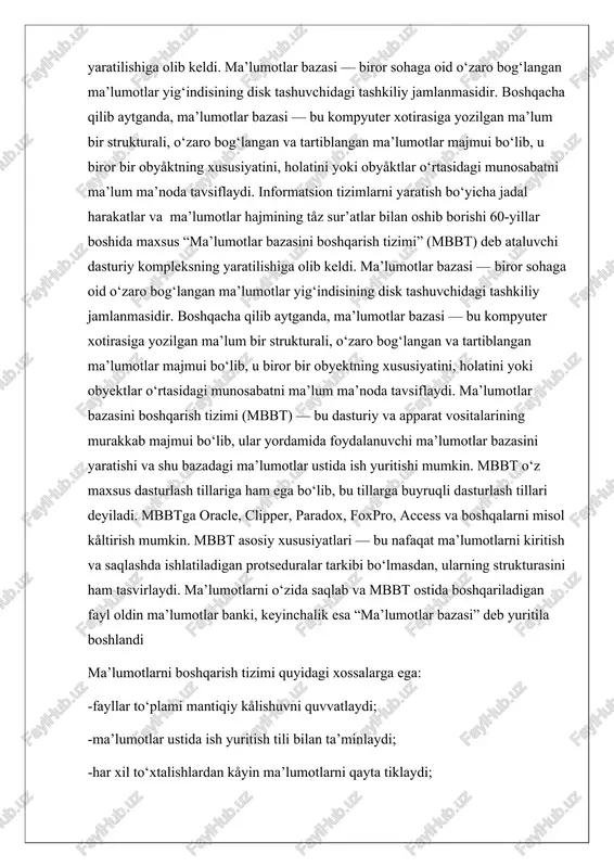 ompyuterda, 1- rasm) joylashgan. ilova o'zida mavjud foydalanuvchi interfeysi yordamida so'rov natijasini tasvirlab beradi. 1-rasm. markazlashganarxitektura bunday arxitektura db2, oracle, ingres mbbt larning birinchi versiyalarida qo'llanilgan. ko'p foydalanuvchilarni ishlash texnologiyasi yoki multiprogrammalar rejimi yordamida yoki vaqtni taqsimlash rejimi yordamida amalga oshirilgan. bunday texnologiya katta exm lar (ibm-370, yes-1045, yes-1060) davrida keng qo'llanilgan. butexnologiyaning asosiy kamchiligi foydalanuvchilar soni oshishi bilan unumdorlikni keskin pasayishi bilan xarakterlanadi. tarmoq va fayl serverli texnologiyasi ( «fayl-server» arxitektura) qo’yilgan masalalar murakkabligining oshishi, shaxsiy kompyuterlar va local xisoblash tarmoqlarining paydo bo'lishi yangi «fayl-server» arxitekturani paydo bo’lishiga zamin yaratdi. tarmoq orqali murojat qilish mumkin bo'lgan ma'lumotlar bazasining ushbu arxitekturasida tarmoqdagi bitta kompyuter server sifatida ajratilgan va unda ma'lumotlar bazasining fayllari joylashtirilgan. foydalanuvchilarning so'roviga mos xolda fayllar fayl-serverdan foydalanuvchilarning ishchi stansiyalariga uzatilgan va u yerda ma'lumotlarni qayta ishlash bilan bog'liq asosiy ishlar bajarilgan. bundamarkaziy server ma'lumotlarni qayta ishlashda qatnashmasdan faqat fayllarni saqlovchi vazifasini bajargan. mijoz kompyuterlari 2-rasm. arxitektura «fayl-server» …