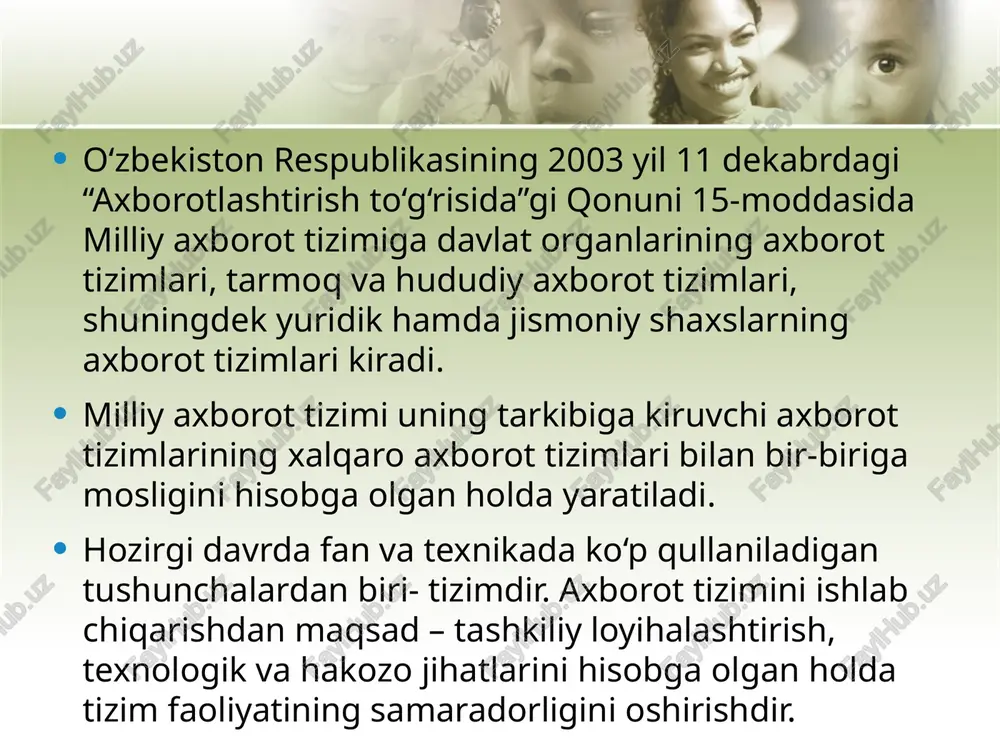 an matn uchun kalit so’zlari va iboralarni topish. avto (referat tuzish): matndan semantik, hissiy, baholovchi malumotlarni ajratib olish. bu generativ va deklarativ bo’ladi. xulosa xulosa 1.ma’lumotlarni qayta ishlashda va ma’lumotlarni ma’lumotlar bazasiga joylashtirishda qo’llaniladi. 2. bu masalalar bilan malumotlarni intelletual tahlil qilish (data mining) shug’ullanadi. 3. internetning rivojlanish kontseptsiyasi: har bir hujjatga semantik to’r deb ataluvchi xml formatidagi meta ma’lumotli fayl biriktiriladi va juda istiqbolli hisoblanadi. lekin bu hujjatning o’zini almashtirish (o’zgartirish) emasligini e’tiborga olish kerak. foydalanilgan manbalar: 1. baeza-yates r., ribeiro-neto b. modern information retrieval. — addison-wesley, 1999. — isbn 0-201-39829-x. 2. manning c., raghavan p., schütze h. introduction to information retrieval. — cambridge university press, 2008. — isbn 0-521-86571-9. 3. manning k., ragxavan p., shyuttse x. vvedenie v informatsionniy poisk. — vilyams, 2011. — isbn 978-5-8459-1623-5. 4. lande d. v., snarskiy a. a., bezsudnov i. v. internetika: navigatsiya v slojnix setyax: modeli i algoritmi. — m.: librokom (editorial …