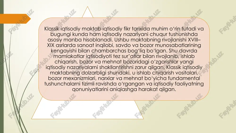 llejlarining birida professor bo’lib ishladi. u.petti iqtisodiy muammolarga bag’ishlangan «soliqlar va yig’imlar to’g’risida traktat» (1662 y), «donishmandlarga so’z» (1665 y), «irlandiyaning siyosiy anatomiyasi» (1672 y), «siyosiy arifmetika» (1683 y) va boshqa asarlarni yozdi. u.petti dastlab o’z asarlarida merkantilistlarning ijobiy savdo balansi g’oyasini va sanoatni rag’batlantirish maqsadida davlatning iqtisodiyotga faol aralashuvini qo’llab-quvvatladi. ammo u.petti asta-sekin tadqiqot ob’yektini o’zgartirdi va asosiy e’tiborni savdo muammosidan ishlab chiqarish muammosiga qaratdi. uning qayd qilishicha, boylik ishlab chiqarishda yaratiladi, muomala sohasida esa u faqat taqsimlanadi. u.pettining boylik va pul nazariyalari 1 mamlakatning yeri, uylar, kemalar, tovarlar va hatto uy jihozlari ham boylik 2 «mehnat – boylikning otasi, yer esa uning onasi» degan 3 u.petti qamoq jazosi o’rniga pul jarimasini joriy etish zarurligini, pul to’lashga «qurbi yetmagan o’g’rilarni» esa «qullikka» mahkum etishni taklif etdi 4 chetga pul chiqarishni taqiqlash bema’ni narsa ekanligini ko’rsatib o’tadi. davlatning bunday hatti- harakati, uning fikri bo’yicha, mamlakatga chetdan tovar keltirishni man etish …