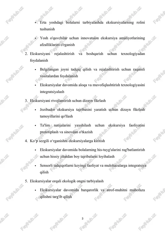 irish uchun bolalarni tabiatga asoslangan ta'lim tajribasiga jalb qilish 6. ekskursiyalar davomida izlanishga asoslangan ta’limni rivojlantirish · ekskursiya faoliyati davomida bolalarning qiziquvchanligini va so'roqlarini rag'batlantirish · o'rganishni chuqurlashtirish uchun so'rovga asoslangan munozaralar va mulohazalarga ko'maklashish 7. bolalarni ekskursiyalarning faol ishtirokchilari sifatida kengaytirish · ekskursiyalar davomida bolalarga o'z bilimlarini egallashlari uchun imkoniyatlar yaratish · turli vositalar orqali bolalarga o'z tajribalarini hujjatlashtirishda yordam berish 8. reflektiv amaliyot va ekskursiyani boshqarishda doimiy takomillashtirish · yutuqlar va o'sish yo'nalishlarini aniqlash uchun ekskursiya tajribalari haqida fikr yuritish · vaqt o'tishi bilan ekskursiya amaliyotini takomillashtirish uchun hamkasblar va manfaatdor tomonlar bilan hamkorlik qilish ushbu kurs orqali pedagoglar maktabgacha ta’lim tashkilotlarida ekskursiyani boshqarish bo‘yicha innovatsion yondashuvlarni joriy etish bo‘yicha amaliy tushuncha va strategiyalarga ega bo‘ladilar. ekskursiyani rejalashtirish va o'tkazishda innovatsiyalarni qo'llash orqali o'qituvchilar yosh bolalarda qiziqish, ijodkorlik va umrbod o'rganishni ilhomlantiradigan unutilmas va ta'sirli o'rganish tajribalarini yaratishi mumkin. mavzuning maqsadi: ushbu kursning maqsadi maktabgacha ta'lim tashkilotlarida ekskursiyalarni …