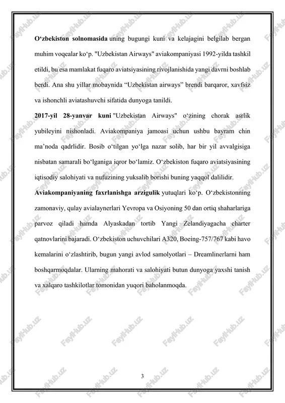 di. mak aeroportlarida zamonaviy havodagi harakatni boshqarish (hhb) kichik-markazlari va yangi aeronavigatsion tizim joriy etildi. o‘zbekiston osmonida harakatlanayotgan har bir avialayner “o‘zaeronavigatsiya” markazi yuqori malakali aviadispetcherlarining doimiy nazorati ostida. respublikaning 11 aeroporti xalqaro maqomga ega va mukammal hamda ishonchli nazorat texnikasi bilan ta'minlangan. zamonaviy yo‘lovchi terminallari xalqaro standartlarga javob beruvchi barcha qulaylik va uskunalar bilan jihozlangan. poytaxt aeroportida yuqori servisga ega business lounge «uzbekistan airways» uchish zali yo‘lovchilar xizmatida. «navoiy» xalqaro aeroporti negizida tashkil etilgan xalqaro intermodal logistika markazi mintaqadagi eng yuqori texnologik aviayuk majmualaridan biri hisoblanadi. bugun ushbu markaz yurtimizni evrosiyoning frankfurt, milan, vena, saragosa, oslo, bazel, shuningdek dubay, dehli, inchon, tyantszin, xanoy va shanxay kabi asosiy logistika markazlari bilan bog‘laydi. “har bir yo‘lovchi biz uchun muhim!” - ushbu shior samolyot sahnini mazali taomlar bilan ta’minlovchi “ketring” korxonasi faoliyatida asosiy mezondir. yildan yilga sahn taomlariga yanada yuqori talablar qo‘yilmoqda, shu bois korxona jamoasi taomlar sifati va taom tayyorlash jarayonlarini …