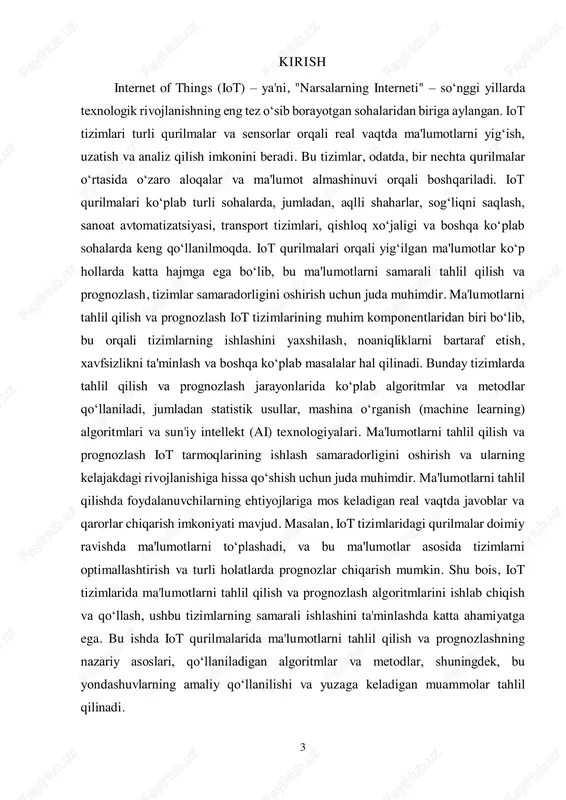 turli xil xususiyatlari: iot qurilmalari turli xil texnik xususiyatlarga ega bo‘lishi mumkin. masalan, ba'zi qurilmalar oddiy sensorlar bo‘lib, faqat ma'lumotlarni yig‘ish va uzatish vazifasini bajaradi, boshqalari esa murakkab hisoblash imkoniyatlariga ega. bu qurilmalar ko‘pincha kichik va o‘lchamlari jihatdan chegaralangan bo‘lishi mumkin, shu bilan birga ular energetik jihatdan samarali ishlashga intiladi.  past energiya sarfi : iot qurilmalari odatda past energiya sarfi bilan ishlashga mo‘ljallangan. bu, ayniqsa, uzoq muddatli ishlash va tarmoqlarni kengaytirish uchun muhim ahamiyatga ega. past energiya sarfi tizimning samaradorligini ta'minlash va batareyalar orqali ishlovchi qurilmalar uchun zarur bo‘lgan shart-sharoitlarni yaratadi.  ma'lumotlarni real vaqtda yig‘ish va uzatish: iot tarmoqlari yuqori tezlikda ma'lumot yig‘ish va uzatish imkoniyatiga ega. bu tarmoqlarda qurilmalar doimiy ravishda ma'lumotlarni yig‘ib, tarmoq orqali yuboradi. ma'lumotlar 5 odatda real vaqtda yoki yaqin real vaqtda tahlil qilinadi. bu, masalan, aqlli shaharlar, sanoat va sog‘liqni saqlash sohalarida tarmoqning samaradorligini ta'minlaydi.  funktsional moslashuvchanlik: iot qurilmalari va tarmoqlari bir-biri …