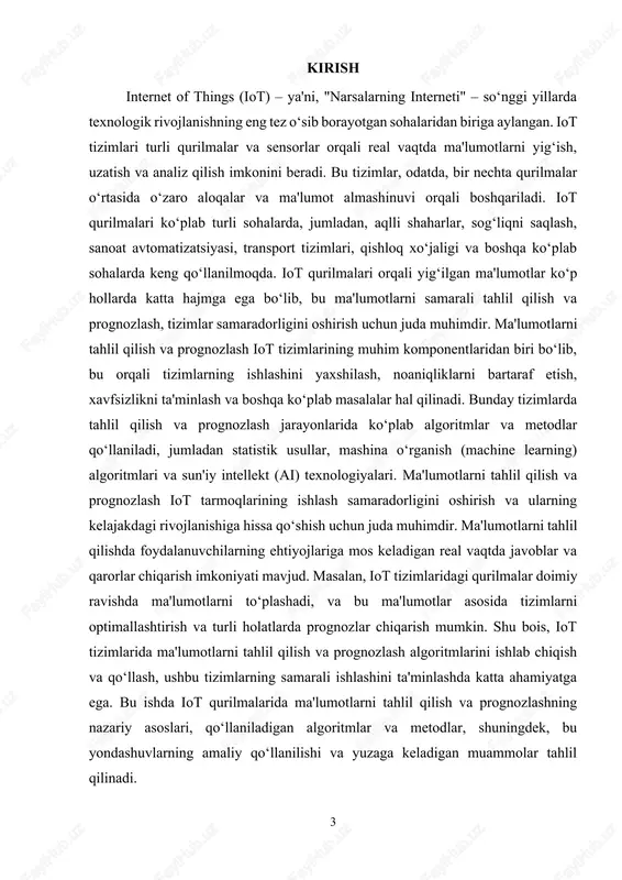 l xususiyatlari: iot qurilmalari turli xil texnik xususiyatlarga ega bo‘lishi mumkin. masalan, ba'zi qurilmalar oddiy sensorlar bo‘lib, faqat ma'lumotlarni yig‘ish va uzatish vazifasini bajaradi, boshqalari esa murakkab hisoblash imkoniyatlariga ega. bu qurilmalar ko‘pincha kichik va o‘lchamlari jihatdan chegaralangan bo‘lishi mumkin, shu bilan birga ular energetik jihatdan samarali ishlashga intiladi. · past energiya sarfi : iot qurilmalari odatda past energiya sarfi bilan ishlashga mo‘ljallangan. bu, ayniqsa, uzoq muddatli ishlash va tarmoqlarni kengaytirish uchun muhim ahamiyatga ega. past energiya sarfi tizimning samaradorligini ta'minlash va batareyalar orqali ishlovchi qurilmalar uchun zarur bo‘lgan shart-sharoitlarni yaratadi. · ma'lumotlarni real vaqtda yig‘ish va uzatish: iot tarmoqlari yuqori tezlikda ma'lumot yig‘ish va uzatish imkoniyatiga ega. bu tarmoqlarda qurilmalar doimiy ravishda ma'lumotlarni yig‘ib, tarmoq orqali yuboradi. ma'lumotlar odatda real vaqtda yoki yaqin real vaqtda tahlil qilinadi. bu, masalan, aqlli shaharlar, sanoat va sog‘liqni saqlash sohalarida tarmoqning samaradorligini ta'minlaydi. · funktsional moslashuvchanlik: iot qurilmalari va tarmoqlari bir-biri bilan turli …