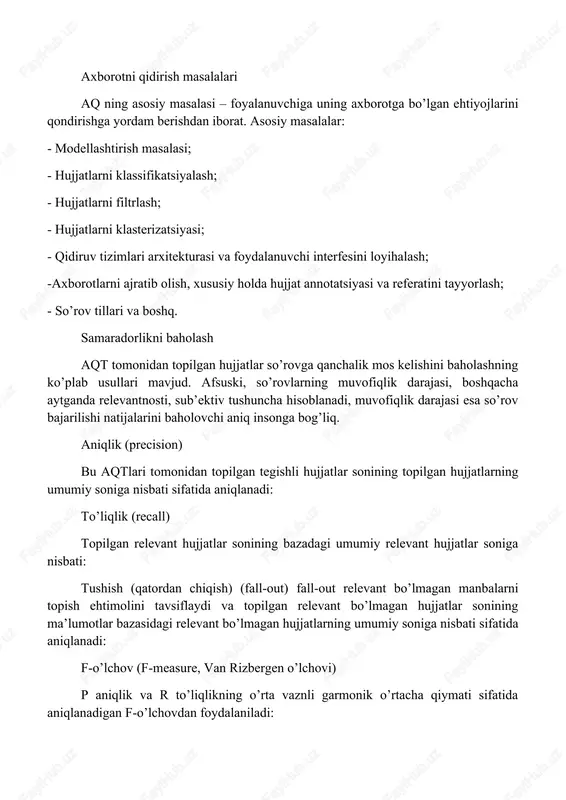 a’zo davlatlarning hukumat rahbarlari uchrashuvida ishtirok etish uchun rossiya federatsiyasining bosh vaziri dmitriy medvedov toshkent shahriga keldi” rasmiy vizit (davlat -kim, davlat-kimga, kelish sanasi) ma’lumotlarni bunday akslantirishdan asosiy maqsad – boshlang’ich tarqoq (xatotik) axborotlarni ma’lumotlarni qayta ishlashning standart usullari yordamida tahlil qilish imkonini yaratishdan iborat. shu bilan birgalikda xabar matnida tavsiflangan mantiqiy qonuniyatlarni aniqlash masalasi usun xizmat qilishi mumkin. axborotlarni ajratib olishning maxsus masalalari: nomlangan (ya’ni, muhim, tayanch) elementlarni tanish, masalan: odamlar ismi, tashkilot nomlari, geografik nomlar, vaqt va pul birliklari va h.k. anaformalar va o’zaklarning aniqlanishi: bitta va aynan shu ob’etga tegishli (daxldor) bog’liqliklarni aniqlash. bunday bog’lanishlarning xos holatlari – olmoshli anaforalar. atamalarni (terminlarni) ajaratish: berilgan matn uchun kalit so’zlari va iboralarni topish. avto (referat tuzish): matndan semantik, hissiy, baholovchi malumotlarni ajratib olish. bu generativ va deklarativ bo’ladi. xulosa 1.ma’lumotlarni qayta ishlashda va ma’lumotlarni ma’lumotlar bazasiga joylashtirishda qo’llaniladi. 2. bu masalalar bilan malumotlarni intelletual tahlil qilish (data mining) shug’ullanadi. …