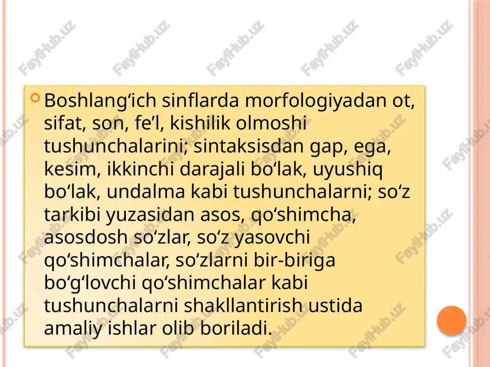 a morfemalarni o’rganishda qiyinchiliklarga duch keladilar: ular bir xil o’zakli so’zlarnnng ma’nolaridagi umumiylikni tushunishda qiynaladilar, chunki ularda mavhum tafakkur hali yetarli rivojlanmagan bo’ladi; o’zak, so’z yasovchi va shakl yasovchi qo’shimchalarning vazifalarini o’zlashtirishda ularga bir xil o’zakli so’zlarning ma’no va tuzilishi jihatidan o’xshashligi va farqini aniqlash anchagina qiyinlik qiladi. shuning uchun so’zning morfemik tarkibini maxsus o’rganishdan oldin uning ma’no va tarkibiga ko’ra yaqinligi kuzatiladi. i sinfda kuzatish o’rganiladigan materialning mazmuni va ayrim so’zlarning ma’nosini, yozilishini tushuntirish bilan uzviy bog’lanadi. i sinfda kim?, nima? so’rog’iga javob bo’lgan so’zlarni o’rganish jarayonida o’qituvchi va o’quvchilarning “nima uchun u yoki bu narsa shunday nomlangan?” savoliga birgalikda javob topishi ularni bir xil o’zakli so’zlar o’rtasidagi munosabatni tushunishga tayyorlashda anchagina mos va qiziqarli usul hisoblanadi. bu savolga javob topish bilan o’quvchilar “nega so’zlar o’zakdosh hisoblanadi?”, “bir so’zdan boshqa so’z qanday hosil bo’ldi?” savollariga javob berishga tayyorlanadilar. ikkinchi bosqich – bir xil o’zakli so’zlarning xususiyatlari va barcha morfemalarning …