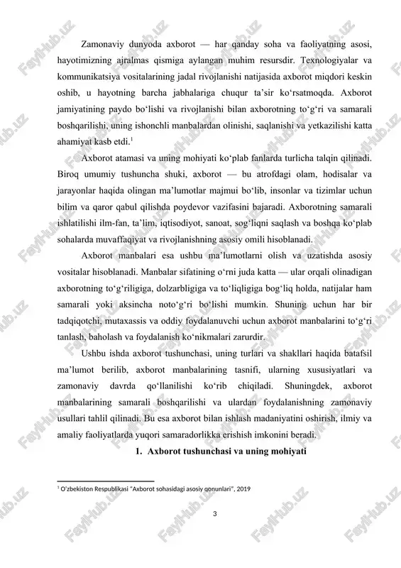 to‘g‘rilik, aniq va dolzarblik, to‘liqlik, yangilik darajasi va ishonchlilik. ushbu xususiyatlar axborotning sifatini belgilaydi va undan qanday foydalanishni aniqlaydi. masalan, noto‘g‘ri yoki eskirgan axborot qaror qabul qilishda xatolarga olib kelishi mumkin. bugungi kunda axborot texnologiyalari va kommunikatsiya vositalarining rivojlanishi natijasida axborotning roli yanada ortmoqda. internet, ijtimoiy tarmoqlar, elektron ma’lumot bazalari kabi yangi axborot manbalari paydo bo‘lib, odamlarning hayot tarzini tubdan o‘zgartirmoqda. xulosa qilib aytganda, axborot — bu faqatgina ma’lumotlar yig‘indisi emas, balki bilim manbai, qaror qabul qilish va rivojlanishning asosiy vositasidir. uning mohiyatini chuqur anglash va sifatli axborot manbalaridan foydalanish zamonaviy jamiyatning asosiy ehtiyojlaridan biridir. 2. axborot manbalari: tasnifi va asosiy turlari axborot manbalari – bu insonlar va tashkilotlar uchun zarur bo‘lgan ma’lumotlarni olish, saqlash va uzatishda foydalaniladigan vositalar, resurslar va joylardir. har qanday ilmiy tadqiqot, ta’lim jarayoni, qaror qabul qilish yoki kundalik faoliyat axborot manbalari orqali amalga oshiriladi. shuning uchun, axborot manbalarini to‘g‘ri tanlash va ulardan samarali foydalanish katta …