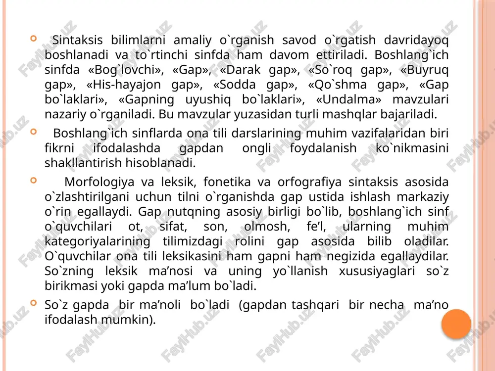 ganini va u haqda nima deyilganini bildirgan so`zni ajratishga o`rganadilar. aslida gapning grammatik asosi ustida ishlash mana shundan boshlanadi va bu bosh bo`laklarni o`rganishga muqaddima bo`ladi. 3- sinf gap ustida ishlashning yangi bosqichidir. o`quvchilar gapni amaliy o`rganishdan tushuncha sifatida o`rganishga o`tadi. ular gapning muhim belgilarni bilib oladilar. bosh va ikkinchi darajali bo`laklarning ta’rifi, ega va kesim terminlari kiritiladi. bu sinfda gapda so`zlarning bog`lanishiga katta e’tibor beriladi. o`quvchilar gapning asosi (ega va kesim) ni ajratadilar, ikkinchi darajali bo`laklarni farqlaydilar va gapdagi ikki so`z (hokim va tobe so`z) ni, so`zlarning grammatik jihatdan, ya’ni (qo`shimchalar orqali bog`lanishini bilib oladilar. 4- sinfda gapning uyushiq bo`laklarini o`rganish bilan gap bo`laklari xaqidagi bilim kengaytiriladi. gap tarkibidagi so`z birikmalarni ajratish ko`nikmasi uzoq mashq davomida shakllantirib boriladi. buning uchun o`quvchilarning so`z birikmasidan bir so`zning boshqa so`zga tobeligini tushunishga qaratilgan mashqlar tizimidan foydalaniladi. 1. gaplarni yoyish. buning uchun gapning qaysi bo`lagi yoyishni talab qilishini aniqlash. masalan, daraxtlar gullabdi gapini …