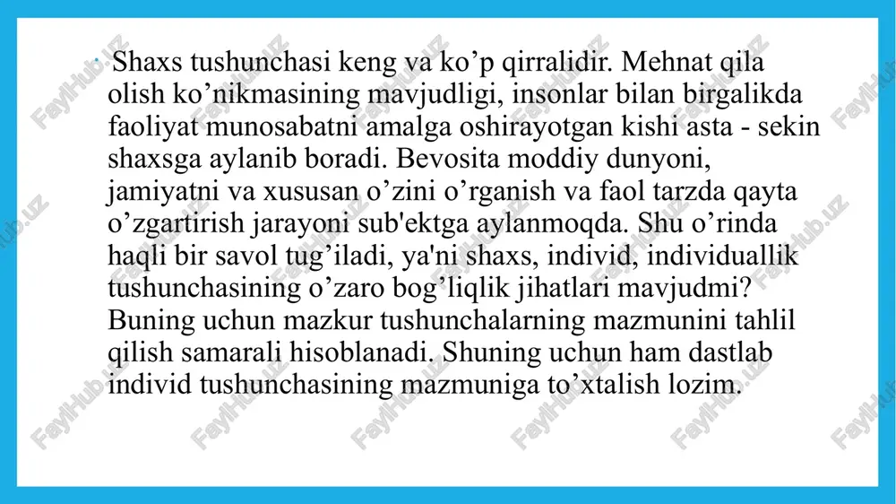 aydigan ijtimoiy xususiyatlari va psixikasining o’ziga xosligi hamda uning qaytarilmasligidir. zikr etilgan psixologik xususiyatlarning bir xildagi birikmasini o’zida mujassamlashtirgan odam yo’q, inson shaxsi o’z individualligi jihatidan betakrordir. hozirgi zamon jahon psixologiyasida biologik (tabiiy) va ijtimoiy omillarning voqelikka ta'siri ostida shakllangan inson shaxsida ikkita muhim qism bo’lganligini tasdiqlovchi nazariya yuksak mavqeni egallab turibdi. mazkur nazariyaga binoan "ichki psixik" ("endopsixik" - yunoncha endo ichki degan ma'noni bildiradi) degan g’oyani ilgari surdilar. uning talqiniga ko’ra, "endopsixika" shaxsning psixik tuzilishining ichki qismlari sifatida psixik elementlar va funksiyalarning o’zaro bog’liqligini aks ettiradi. uning negizida insonning nerv-psixologik tuzilishi bilan "endopsixika" aynan bir narsa degan tushuncha tasdiqlanadi, chunki u odam shaxsining ichki mexanizmini yuzaga keltiradi. psixik tuzilishning "endopsixik" qismi bo’lsa, shaxsning tashqi muhitga nisbatan munosabatini, shaxsga qarama-qarshi bo’lgan barcha jihatlarni, shaxslararo va ob'ektiv munosabatini belgilaydi. "endopsixika" o’z navbatida shaxsning ta'sirlanishi, xotira, tafakkur, xayol kabi bilish jarayonlarining xususiyatlarini irodaviy zo’r berish xislatlarini ixtiyorsiz harakatlarni va shu kabi fazilatlarni …