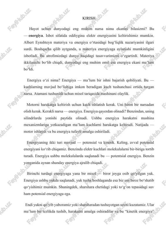 drati doimo musbat boʻladi. kinetik energiya vektor kattalik emas. demak, oʻngga qarab 5 m/s tezlik bilan otilgan tennis toʻpi xuddi shunday chapga qarab 5 m/s tezlik bilan otilgan koptok bilan bir xil kinetik energiyaga ega. potensial energiya — mexanik tizim umumiy energiyasining maʼlum ulushi. u shu tizimni tashkil etgan zarralarning oʻzaro joylashishi va tashki kuch maydonidagi (masalan, gravitatsion maydon) vaziyatiga bogʻliq. potensial energiya tushunchasi konservativ (kinetik va potensial energiyasi oʻzgarmay qoladigan) tizimlar uchun oʻrinlidir, yaʼni bunday tizimga taʼsir qilayotgan kuchlarning ishi tizimning boshlangʻich va oxirgi vaziyatiga bogʻliq. jismlarning energiyasi: kinetik energiya faqat harakatdagi jismlarda mavjud bo‘ladi. agar jism to‘xtab tursa (v=0v = 0v=0), uning kinetik energiyasi ham nolga teng bo‘ladi. skalyar kattalik: kinetik energiya yo`nalishga ega emas,ya`ni u skalyar kattalikdir 2.materiallar qurilishi va mexanikasida integral hisob tatbiqlari kinetik enegiya potensial enegiyaning aylanishi yoki yotgan jism)aksincha bo`lishi mumkin(masalan erkin tushayotgan jism) aniq integral, uning geometrik ma’nosi. aniq integral - matematik analizning …