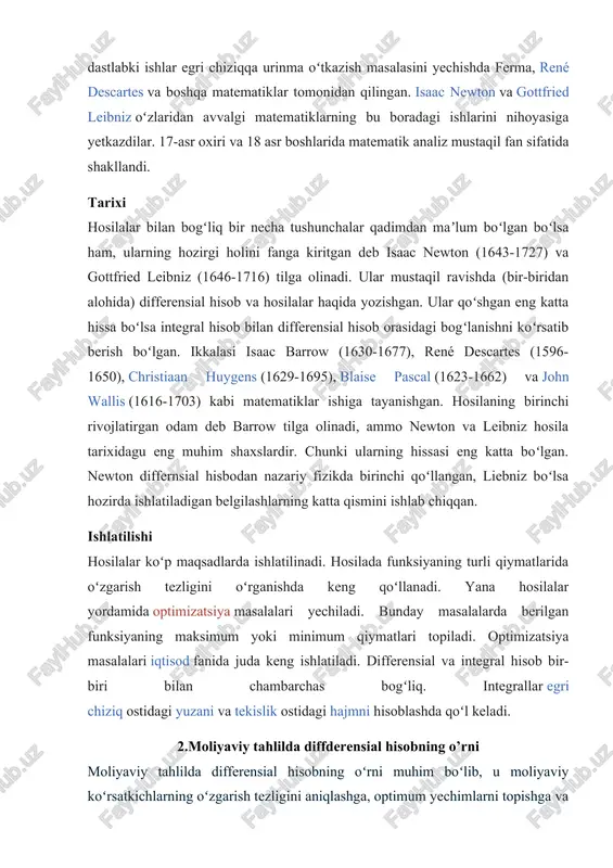va integral hisob bir-biri bilan chambarchas bogʻliq. integrallar egri chiziq ostidagi yuzani va tekislik ostidagi hajmni hisoblashda qoʻl keladi. 2.moliyaviy tahlilda diffderensial hisobning o’rni moliyaviy tahlilda differensial hisobning oʻrni muhim boʻlib, u moliyaviy koʻrsatkichlarning oʻzgarish tezligini aniqlashga, optimum yechimlarni topishga va modellarni bashorat qilishga yordam beradi. uning asosiy qoʻllanilish sohalari: moliyaviy derivativlar narxini hisoblash, portfel optimizatsiyasi, risklarni boshqarish va investitsiya strategiyalarini ishlab chiqish. asosiy qoʻllanilish sohalari moliyaviy derivativlar narxini hisoblash: opsiya va fyucherslar kabi murakkab moliyaviy instrumentlarning narxini aniqlash uchun differensial hisobdan foydalaniladi. bunga black-scholes-merton modeli misol boʻla oladi, unda differensial tenglamalar ishlatiladi. portfel optimizatsiyasi: investitsiya portfelini optimallashtirish uchun differensial hisobdan foydalaniladi. bu esa investitsiya riski va daromadliligi oʻrtasidagi eng yaxshi muvozanatni topishga yordam beradi. riskni boshqarish: kompaniya yoki investitsiya portfelining oʻzgaruvchanligini va xavfini baholash uchun differensial hisobdan foydalaniladi. masalan, value at risk (var) ni hisoblashda turli modellar differensial hisobga tayanadi. real vaqt rejimida tahlil qilish: baʼzi bir moliyaviy koʻrsatkichlarning …