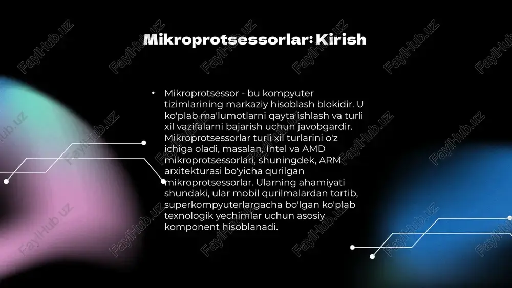 'zgaruvchan energiya iste'moli mikroprotsessorlarning energiya iste'moli ularning ishlashiga ta'sir qiladi. tezlik va samaradorlikni maksimal darajada saqlash uchun energiya iste'molini boshqarish zarur. nazar va kelajak istiqbollari kelajakda mikroprotsessorlar yanada rivojlanadi, yangi texnologiyalar va arxitekturalar orqali tezlik va samaradorlikni oshirish imkoniyatlari paydo bo'ladi. mikroprotsessorlar va kelajakdagi rivojlanish mikroprotsessorlar texnologiyasi tez sur'atlar bilan rivojlanmoqda. kelajakda, kvant hisoblash, sun'iy intellekt va yangi materiallar asosida ishlab chiqilgan mikroprotsessorlar keng qo'llanilishi kutilmoqda. bu rivojlanishlar mikroprotsessorlarning tezligi, energiya samaradorligi va qulayliklarini oshirishga yordam beradi. bundan tashqari, mikroprotsessorlarning tuzilishi va turlari ham o'zgaradi, masalan, ko'p yadroli arxitekturalar va maxsus maqsadli protsessorlar (asic) keng tarqaladi. ushbu o'zgarishlar nafaqat kompyuterlar va mobil qurilmalarda, balki iot qurilmalari va avtomatlashtirilgan tizimlarda ham qo'llaniladi. photo by altumcode on unsplash mikroprotsessorning ta'rifi mikroprotsessor – bu elektron qurilmalarda ma'lumotlarni qayta ishlash va boshqarish uchun mo'ljallangan muhim elementdir. u matematik va mantiqiy hisob-kitoblarni bajaradi va foydalanuvchi va qurilma o'rtasidagi o'zaro aloqalarni ta'minlaydi. mikroprotsessorlar elektron qurilmalarda markaziy …