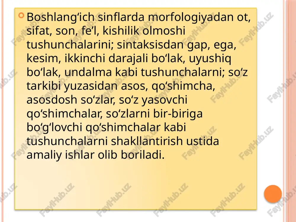 a morfemalarni o’rganishda qiyinchiliklarga duch keladilar: ular bir xil o’zakli so’zlarnnng ma’nolaridagi umumiylikni tushunishda qiynaladilar, chunki ularda mavhum tafakkur hali yetarli rivojlanmagan bo’ladi; o’zak, so’z yasovchi va shakl yasovchi qo’shimchalarning vazifalarini o’zlashtirishda ularga bir xil o’zakli so’zlarning ma’no va tuzilishi jihatidan o’xshashligi va farqini aniqlash anchagina qiyinlik qiladi. shuning uchun so’zning morfemik tarkibini maxsus o’rganishdan oldin uning ma’no va tarkibiga ko’ra yaqinligi kuzatiladi. i sinfda kuzatish o’rganiladigan materialning mazmuni va ayrim so’zlarning ma’nosini, yozilishini tushuntirish bilan uzviy bog’lanadi. i sinfda kim?, nima? so’rog’iga javob bo’lgan so’zlarni o’rganish jarayonida o’qituvchi va o’quvchilarning “nima uchun u yoki bu narsa shunday nomlangan?” savoliga birgalikda javob topishi ularni bir xil o’zakli so’zlar o’rtasidagi munosabatni tushunishga tayyorlashda anchagina mos va qiziqarli usul hisoblanadi. bu savolga javob topish bilan o’quvchilar “nega so’zlar o’zakdosh hisoblanadi?”, “bir so’zdan boshqa so’z qanday hosil bo’ldi?” savollariga javob berishga tayyorlanadilar. ikkinchi bosqich – bir xil o’zakli so’zlarning xususiyatlari va barcha morfemalarning …