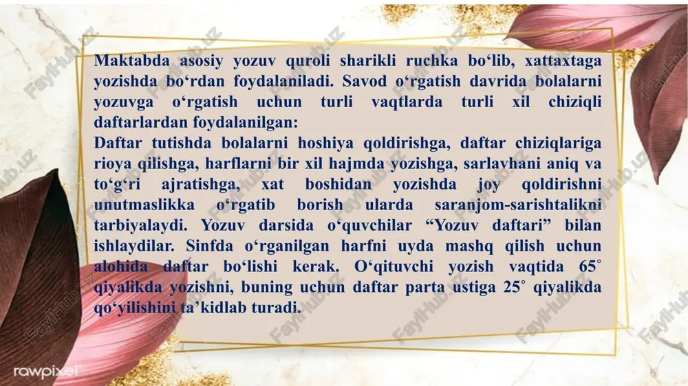 ridanoq bolalarning o‘z fikrini yozma ifodalashi muhim ekanligini, u insonlarning aloqaga kirishuvida muhim vositaligini tushunishlariga erishish lozim. buning ııchun o‘quvchilar yozadigan birinchi so‘z ularning jonli nutqidan yoki o‘z1ari tuzgan gapdan olinishi kerak. bu jarayonda ko‘chirib yozish va diktant ijodiy yozuvdan so‘ng o‘tkaziladi. bu yozma mashq turlari- n‘ıng ongli bajarilishini, o‘quvchilarning bilish faolligini ta’minlaydi. masal an, bolalar o‘qish darsida „alifbe“ da berilgan rasmga qarab gap yoki hikoya tuzadilar, yozuv darsida esa o‘sha gap yoki hikoyadagi ma’lum bir so‘zni yozadilar. bu ular uchun ijodiy yozuv — inshodir. keyinchalik o‘quvchilar alohida so‘z yozishdan kichik-kichik gaplarni yozishga o‘tadilar. savod o‘rgatish davridagi o‘qish yoki yozuv darslari va ularning ayrim turlari uchun umumiy bo‘lgan asosiy talablar mavjud: 1.umumdidaktik talablar: a) har bir darsning tarbiyaviy maqsadi bo‘lib, unda bironta axloqiy sifat o‘stirilishi lozim; b) darsning ta’limiy maqsadi, ya’ni o‘quvchilar darsda qanday yangilikni bilishi, nimani o‘rganishi, qanday ko‘nikma va malakalar o‘stirilishi, o‘quvchilarning mustaqil fıkrlashi va faolligining qanday bo‘lishi …