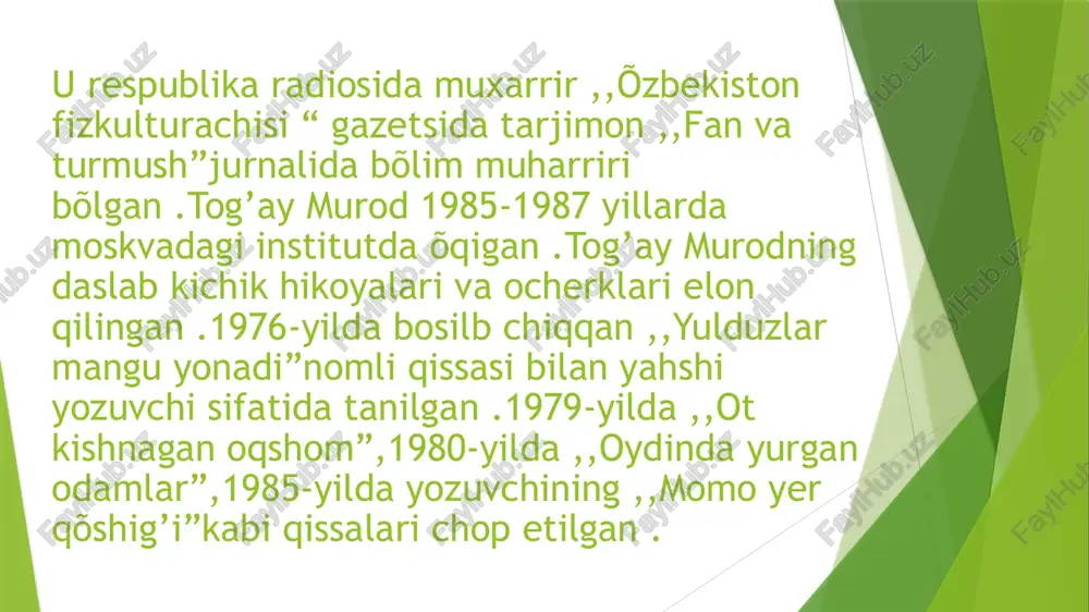 qonqul õzbek xalqining timsoli sifatida tasvirlangan.asarda uch avlod vakillari jaloliddin ketmon ,uning õg’li aqrab va uning farzandi dehqonqul obrazi orqali õzbek xalqi hayotining fojiali qirralari yoritib berilgan. bolalikdan qullik,zulmga kõnikkan ,hayotini faqat mehnatdan iborat deb bilgan dehqonqul uchun dalalarining yahshi saqlanishi,mõl hosil berishigina saodat hisoblangan.dehqonqul shu tashvishlar bilan band bõlib,oilasiga va farzandlariga ham e’tibor bermaydi. markazdan keluvchu mehmonlarga atab bozor qiladi biroq bolalariga kelganda kambag’alligiga kõnadi. siyosatdan yiroq bõlgan bõlsada asar yakunida ,,paxta ishi” sababli qamaladi.shuncha yil qul bõlib yashagan dehqonqulning kõzi shunda ochiladi .hayotidagi barcha fojialarni ana shunda anglaydi. tog’ay murod ushbu roman haqida shunday shunday fikr bildirgan : ,,men bu asarim bilan õzbek xalqiga xaykal qõyaman “ deydi . etiboringiz uchun rahmat! image1.jpeg image2.jpeg image3.jpeg image4.jpeg image5.jpeg /docprops/thumbnail.jpeg