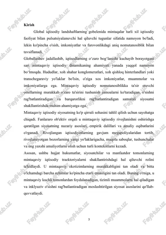 innovatsiyalar, inson kapitali, infratuzilma va institutsional sifat bilan ta'minlanadi. muayyan hududlarda o'sish omillarini tahlil qilish siyosatchilarga samaradorlik, tadbirkorlik va raqobatbardoshlikni rag'batlantirish uchun maqsadli tadbirlarni ishlab chiqish imkonini beradi. fazoviy o'zaro ta'sirlar : hududlar alohida ob'ektlar emas, balki kengroq iqtisodiy tarmoqlar ichidagi o'zaro bog'langan tugunlardir. savdo oqimlari, migratsiya naqshlari va qatnov dinamikasi kabi fazoviy o'zaro ta'sirlar mintaqaviy iqtisodiyotlarning o'zaro bog'liqligini shakllantiradi va rivojlanish traektoriyalariga ta'sir qiladi. ushbu o'zaro ta'sirlarni o'rganish mintaqalar bo'ylab siyosiy qarorlar va tashqi zarbalarning to'lqinli ta'sirini aniqlaydi. mehnat bozori dinamikasi : mehnat bozorlari mintaqaviy iqtisodiy dinamikani shakllantirishda markaziy rol o'ynaydi, bandlik shakllari, ish haqi darajasi va malakalarning mos kelmasligiga ta'sir qiladi. mehnat bozori natijalarining mintaqaviy nomutanosibligi asosiy tarkibiy muammolarni, jumladan, ta'lim, kadrlar tayyorlash infratuzilmasi va ish imkoniyatlaridan foydalanishdagi nomutanosibliklarni aks ettiradi. mehnat bozori dinamikasini tushunish ishchi kuchi malakasini oshirish, ishchi kuchi harakatchanligini rag'batlantirish va ishsizlikni kamaytirishga qaratilgan siyosatlar haqida ma'lumot beradi. innovatsion ekotizimlar : innovatsiyalar va tadbirkorlik mintaqaviy …