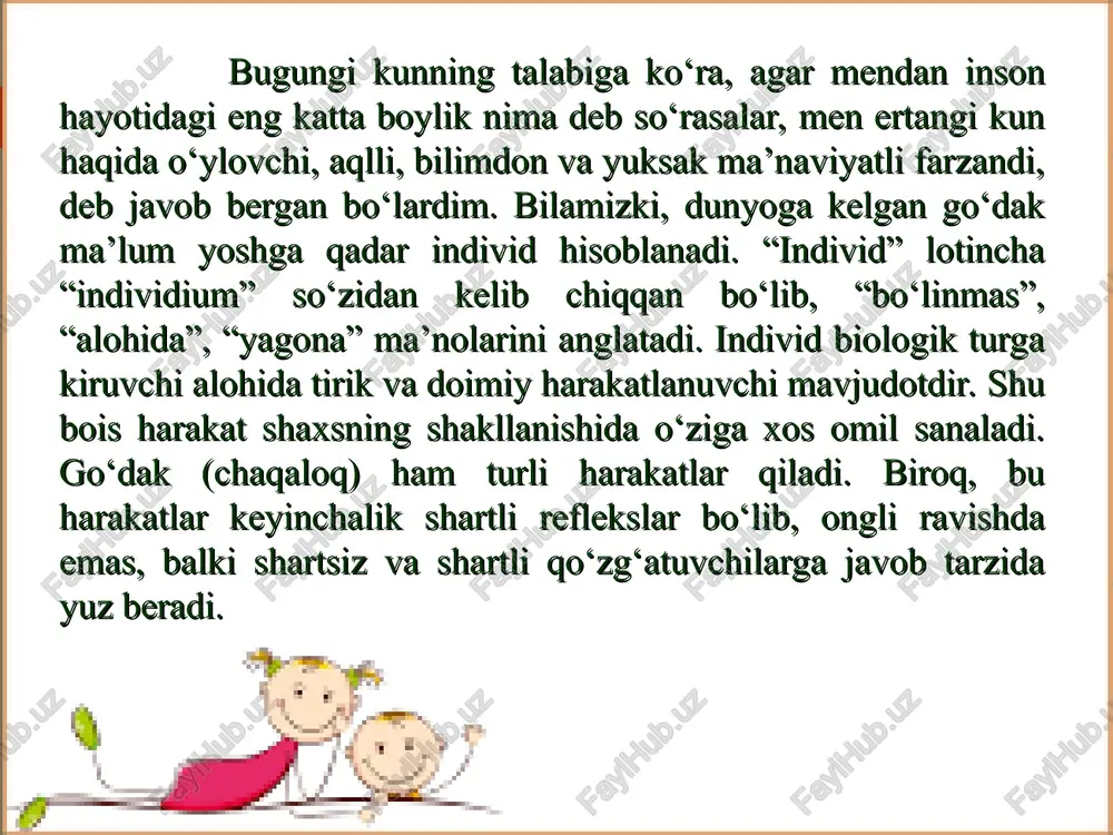 ng muomala madaniyatini shakllantirishdan boshlash lozim. el orasida shunday gap bor: joningni oladigan ham so‘z, joningga rohat bo‘ladigan ham so‘z. bolalarning yoshlikdan tarbiyasini shakllantirib, ularga hayot murakkab-liklarini ro‘y-rost aytib, o‘z haq-huquqi uchun kurashadigan, irodali qilib tarbiyalashimiz kerak. haq-huquqi u-chun kurashish deganda, albatta, janjalkash, behayo, to‘polonchilar emas, balki hayot haqiqatlarini to‘g‘ri qabul qilib, aqlu idrok bilan yengib o‘tadigan kishi nazarda tutiladi. bolaning rivojlanishi, avvalo, unda shaxsiy xislatlarning shakllanishi bilan boshlanadi. rivojlanish bolaning jismoniy, aqliy va boshqa xislatlarining takomilini namoyon etadigan jarayon bo‘lib, bunday xislatlar tug‘ma, ba’zilari keyinchalik eri-shilgan bo‘ladi. lekin bolaga berilgan to‘g‘ri tarbiya undagi tug‘ma xis-latlarning ijobiysini rivoj-lantirib, salbiylarni yo‘q qiladi. bilamizki, inson hayoti davomida jismoniy va psixik jihatdan o‘zgarib boradi. lekin bolalik, o‘smirlik va o‘spirinlik davrida rivojlanish nihoyatda kuchli bo‘ladi. bola mana shu yillarda ham jismoniy, ham ruhiy jihatdan o‘sishi, o‘zgarishi tufayli shaxs sifatida kamolga yetadi, bunda berilayotgan tarbiya maqsadga muvofiq ta’sir etishi natijasida bola jamiyat a’zosi sifatida kamol …