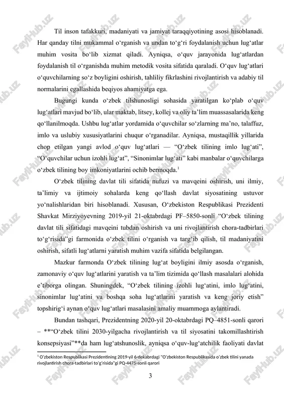 h istiqbollari ustida izlanish olib borish — bugungi kun talabi bo‘lib, ushbu kurs ishining dolzarbligini belgilaydi.[footnoteref:2] [2: o‘zbekiston respublikasi prezidentining 2020-yil 30-iyundagi "o‘zbek tilini o‘rganish va o‘quv lug‘atlarini yaratish bo‘yicha tizimli choralar ko‘rish to‘g‘risida"gi pq-4849-sonli qarori ] ushbu kurs ishida o‘zbek tilining o‘quv lug‘atlari tahlil qilinadi, ularning shakllanishi, turlari, metodik ahamiyati, shuningdek, zamonaviy ta’limdagi o‘rni va foydalanish istiqbollari o‘rganiladi. kurs ishining dolzarbligi: bugungi kunda o‘zbek tilini o‘rganish va o‘rgatishda til vositalaridan to‘g‘ri foydalanish, ayniqsa, lug‘atlar bilan ishlash ko‘nikmasini shakllantirish muhim ahamiyat kasb etmoqda. ta’lim tizimida yangi avlod darsliklari, metodik qo‘llanmalar va raqamli vositalar bilan birga o‘quv lug‘atlari ham asosiy o‘quv vositalaridan biri hisoblanadi. bu lug‘atlar nafaqat so‘z boyligini oshirishga, balki o‘quvchilarning tilni tushunishi, izohlay olishi va to‘g‘ri qo‘llashi kabi kompetensiyalarini shakllantirishga xizmat qiladi. o‘zbek tilida yaratilgan o‘quv lug‘atlarining ko‘pligi, ularning mazmuniy va metodik jihatdan boyligi til o‘rganishdagi yondashuvlarni yangilash, zamonaviy metodikalarga asoslangan ta’lim jarayonini tashkil etish zaruratini yuzaga keltirmoqda. shu …