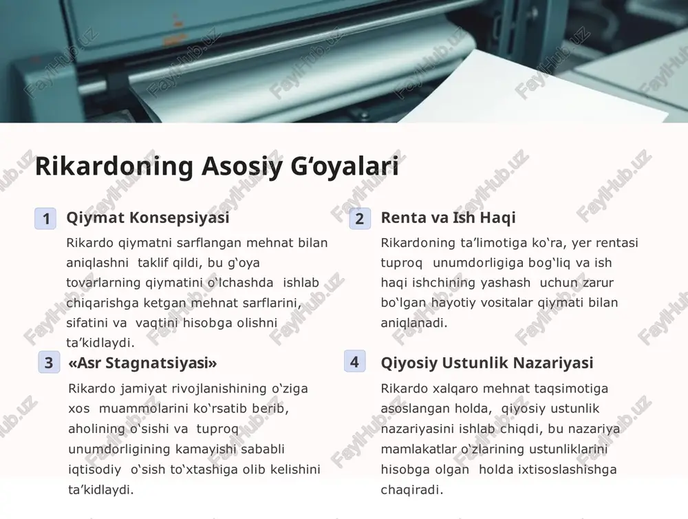 sulotlarning o’sishi esa, ancha orqada qolib ketadi deb ishontirishga uringan. tomas maltusning iqtisodiy ta’limoti 1 aholi nufusi qonuni maltus aholining o‘sishi geometrik progressiyada, oziq- ovqat ishlab chiqarish esa arifmetik progressiyada sodir bo‘ladi, deb hisoblaydi. bu esa ocharchilik va kambag‘allikka olib kelishi mumkinligini ta’kidlaydi. 2 tuproq unumdorligi maltusning fikriga ko‘ra, tuproqning unumdorligi cheklangan va u o‘ziga ustma-ust mehnat sarflansa ham, xuddi shunday nisbatda hosildorlikning o‘sishiga olib kelmaydi. 3 urbanizatsiya va tug‘ilish darajasi maltusning nazariyasi urbanizatsiya va shahar hayot tarzi tug‘ilishning kamayishiga olib kelishini hisobga olmaydi. shaharda bolalarni o‘stirish qishloqqa qaraganda ancha qimmat va vaqt talab qiladi. maltusning nazariyasi: tanqid va dolzarblik tanqid 1 2 maltusning g‘oyalari insonlarning faqat iste’mol qilishlarini va ishlab chiqarish imkoniyatlarini hisobga olmaganligi uchun tanqid qilinadi. 3 maltus aholining o‘sish darajasini kamaytirish uchun kambag‘allarning nikohdan o‘zlarini tiyishlarini tavsiya qilgan biroq, maltus g‘oyalarida bir qancha ijobiy fikrlar ham mavjud. 21 asr boshida planetamizda 6 mlrd.dan ortiq aholi istiqomat qilmoqda …
