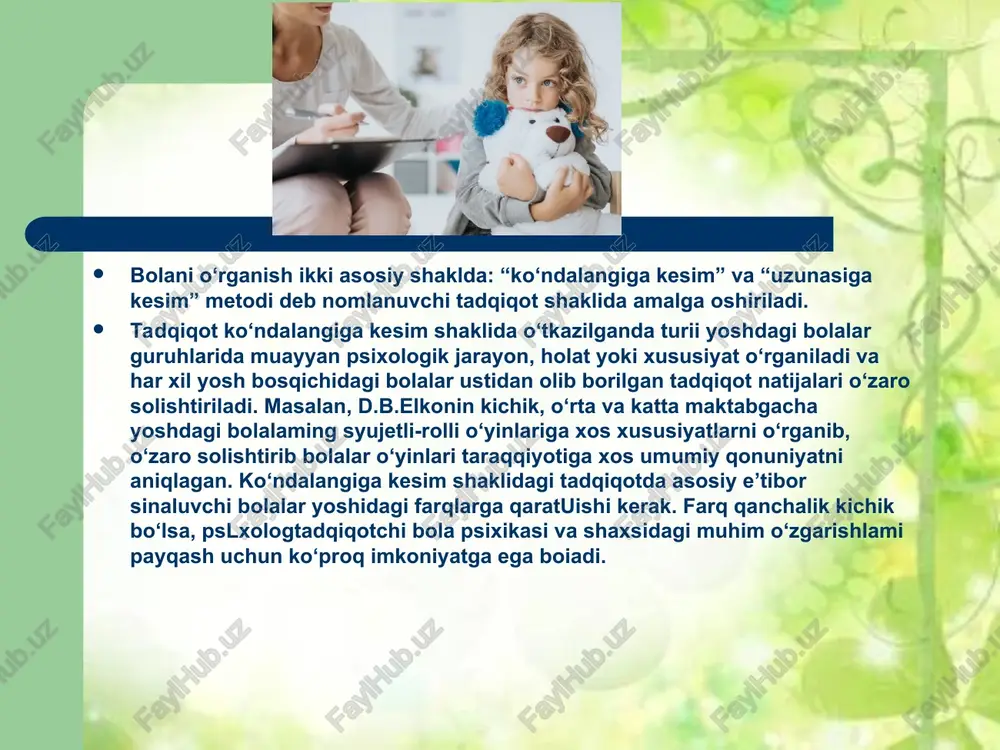 llarga qanday javob qaytarish, undan olingan maiumotlar nima maqsadda ishlatilishi haqida m aium ot beriladi. 3. “so‘rovga moslashish”. bunda sinaluvchi savollarga javob berishga yo‘naltiriladi, unda o‘ziga nisbatan ishonch hosil qilinadi, u bilan o ‘zaro ishonchga asoslangan munosabat o‘matiladi, unda savollarga o ‘zing xoxlaganday javob qaytarish mumkin, degan taasurot hosil qilinadi. buning uchun so‘rovda dastlab emotsional-neytral, oson, umumiy savollar beriladi. proektiv metod — shaxsni o‘iganish metodlaridan biri. unda shunday eksperimental vaziyatlar yaratiladiki, bu vaziyatlar sinaluvchilar tomonidan talqin etilishi mumkin bo‘ladi. aynan sinaluvchining bergan talqinini tahlil etish orqali uning shaxsi haqida muayyan xulosalar chiqariladi. chunki muayyan eksperimental vaziyatni talqin etar ekan proeksiya mexanizmi tufayli sinaluvchi o‘z ichki kechinmalari, o ‘y-xayollari, orzulari, qo‘rquv va xavotirlarini tashqariga chiqaradi. makatbgacha yoshdagi bolalar bilan ishlaganda q o ‘llaniladigan odatdagi proektiv m etodikalar quyidagilardan iborat: “bola appertseptsiya testi”, “oilaviy ustanovkalaming jekson testi”, “dyuss ertaklar metodikasi” va hokazolar. ushbu metodikalami qoilash asosan individual ish jarayonida amalga oshirilib, ancha …