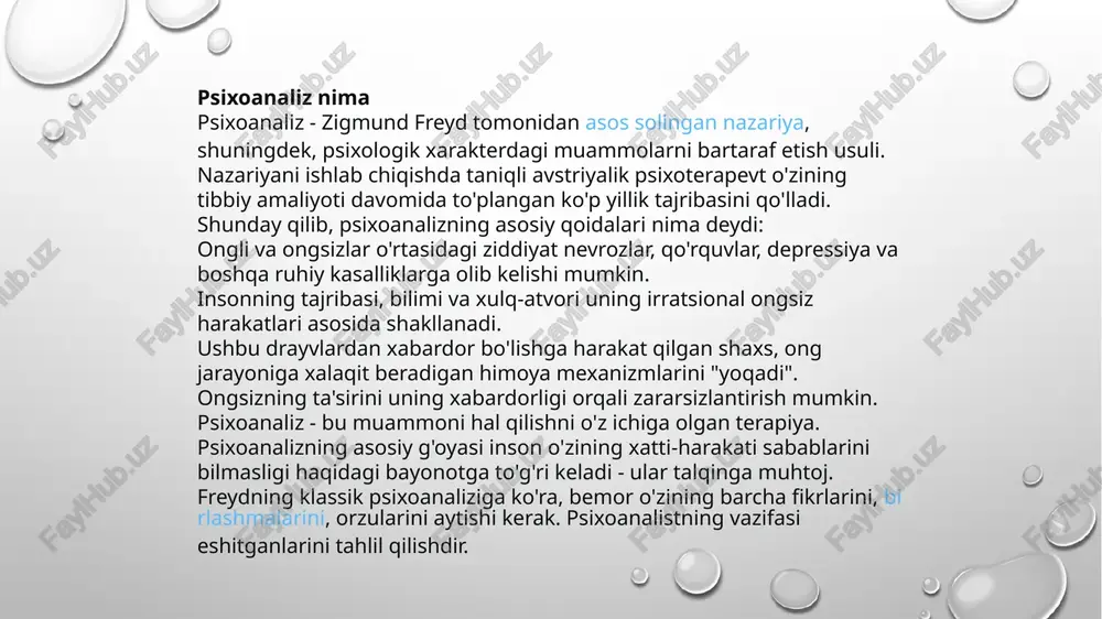 si topografik yondashuv edi. barcha ruhiy elementlar ularning mavjudligi mezonlari bo'yicha baholanadi. ba'zi psixologik elementlarning ongdan olib tashlanishini ta'minlaydigan repressiya psixikaning ma'lum bir qismi ulardan xabardor bo'lishni istamay, sa'y-harakatlarni amalga oshirayotganligini ko'rsatadi. uchinchi dinamik tamoyilning zamirida psixikani umumiy biologik merosning elementlari bo‘lgan tajovuzkorlik va jinsiylik impulslari harakatga undaydi, degan nazariya yotadi. ular hayvonlarning instinktiv xatti-harakatlaridan sezilarli farqlarga ega. hayvonot dunyosida stereotipli javob odatda qat'iy bo'ladi, ma'lum vaziyatlarda maxsus stimullar bilan qo'zg'atiladi va omon qolishga qaratilgan. psixoanaliz jozibadorlikni asabiy hayajon holati deb qaraydi, bu psixikani harakatga yo`naltiruvchi, taranglikni bartaraf etuvchi stimullarga javobdir. to'rtinchi tamoyil - genetik yondashuv. voyaga etgan odamning shaxsiy xususiyatlari, uning ziddiyatlari, nevroz belgilari, odatda, bolalik fantaziyalari va istaklari bilan bog'liq. inson oldida qanday yo'llar ochilmasin, u o'zining bolalik tajribasidan uzoqlasha olmaydi, deb ishoniladi - har qanday holatda ham, ular butun hayoti davomida uni ta'qib qiladilar. zigmund freydning nazariyalariga ko'ra, tushlar ong tubida kuchli aqliy faoliyat mavjudligini ochib berishi …