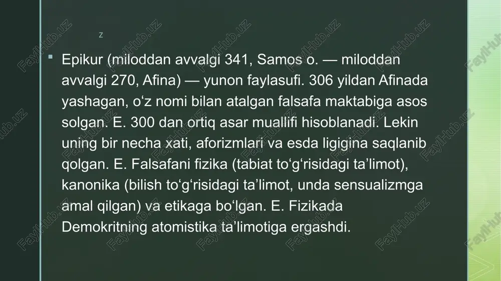 oti, fikrlay oladigan insonning paydo boʻlishi uchun bir necha million yillar kerak boʻlgan. ong tabiat taraqqiyoti mahsuli, materiyaning xossasidir, barcha materiyaning emas, balki oliy darajada tashkil topgan materiyaning, yaʼni inson miyasining mahsulidir. z z z image4.jpeg image5.jpeg image2.png image3.png /docprops/thumbnail.jpeg