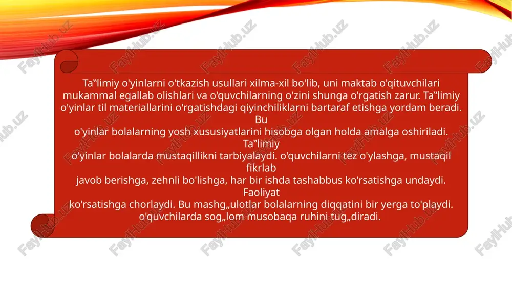 l turkumiga oid so'zlarni, ikkinchi guruhdagilar sifat so'z turkumiga oid so'zlarni tanlab yozadi. buning uchun o'qituvchi so'zlar yozilgan ko'chma doska yoki kartonni bolalarga ko'rsatadi. har ikkala gururh ham ishga tushib ketadi, qaysi guruh o'quvchisi tez va to'g„ri bajarsa o'sha guruh g„olib hisoblanadi va rag„batlantiriladi. so'zlar: aytdi, shirin, keldi, baland,chopdi, katta,ishladi, kichik, tepdi, ko‘rkam, yig‘ladi, yoqutday, izladi, ko‘k,intildi,nordon va hakozo. agar o'quvchilar o'yinni to'g„ri bajarishsa har bir guruh juda ko'plab fe‟lga oid so'zlar topishadi. o'yinning ikkinchi varianti o'quvchilarda so'zning lug„aviy ma‟nosiga qarab ma‟lum turlarga ajratish ko'nikmasini shakllantirilishi uchun ushbu o'yin o'tkaziladi.o'qituvchi sinfning oldingi qismidagi stolga -15-20 kartochka yozib qo'yadi. o'quvchilar doskaga chiqariladi. ular doskaga o'qituvchi tomonidan yozib qo'yilgan mavzulardan birini tanlaydi. 1.harakatga oid so'zlar. 2.holatga oid so'zlar o'quvchilar kartochkadagi so'zlarni o'qib, o'zlariga keraklilarini tanlab oladi. bunday o'yin o'quvchilarni so'zning asosiy belgisiga qarab turlarga ajratishga o'rgatadi. masalan, harakatga oid so'zlar: yurdi, chizdi, aytdi, bordi, keldi. holatga oid so'zlar: uxladi, gulladi, tingladi, o'yladi …