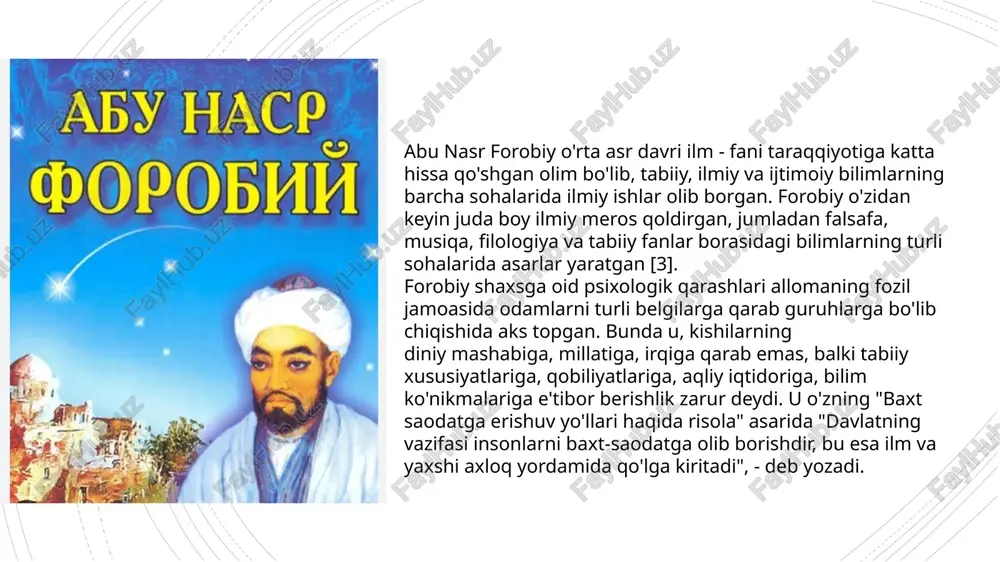 ari yoʻlida foydalanuvchi, jaholatga undovchilarning fikriga qoʻshilmadi. farobiy inson fazilatlarini tugʻma va yashash jarayonida paydo boʻladigan fazilatlarga boʻladi. olimning fikricha, tugʻma fazilatlarga insonning oʻta oʻtkir zehnliligi, biror narsani bilishga oʻta qobiliyatsizliligi kiradi. lekin tugʻma fazilatlar hayotda kam uchraydi. asosiy axloqiy fazilatlarni odam yashash davomida egallaydi. tugʻma fazilatli odamlar ham tarbiyaga muhtoj. agar unday odamni tarbiyalab va toʻgʻri yoʻlga solib turilmasa, uning qobiliyati tezda soʻnib qolishi mumkin. tugʻma qobiliyat ham nisbiy tushunchadir. baʼzi kishilar tugʻma qobiliyatini ishga solib yaxshi natijaga erishsa, boshqalari yomon natijaga erishishi mumkin. farobiy fikriga koʻra, davlatni idora etuvchi shaxs oʻzining fazilat va xulqodobi bilan ajralib turishi, xususan u 6 ta xislatni egallagan boʻlishi; yaʼni adolatli va dono boʻlishi, boshqalarga gʻamxoʻrlik qilishi, qonunlarga toʻla rioya etishi va qonunlarni yarata olishi, kelgusini oldindan koʻra bilishi kerak. farobiyning talqinicha, fozil shaharlar yuqori madaniyatli boʻladi. unda yashaydigan xalq oʻzi istagan kasbhunarni egallaydi. bunday jamiyatda toʻla erkinlik va teng huquklik hukm suradi. …