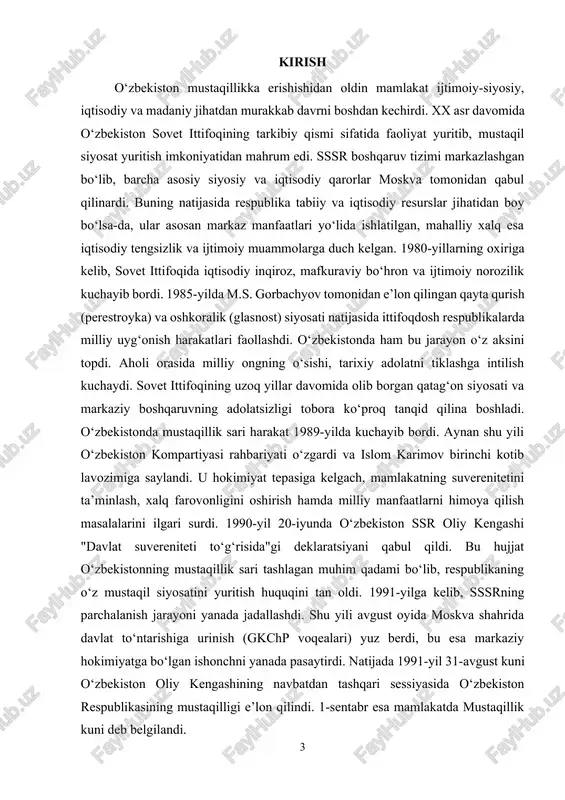anib bormoqda edi. 1950–1960-yillarda sovet hukumati sanoatlashtirish, harbiy va kosmik texnologiyalarni rivojlantirishga katta e’tibor qaratgan bo‘lsa-da, ayni paytda aholining turmush darajasi va iqtisodiy barqarorligi masalalari yetarlicha hal etilmadi.[footnoteref:1] [1: o‘zbekiston respublikasi konstitutsiyasi. – toshkent: o‘zbekiston, 2023. ] 1970–1980-yillarga kelib, markazlashgan iqtisodiyot o‘zining samarasizligini ko‘rsata boshladi. rivojlangan davlatlar bozor iqtisodiyotiga asoslangan tizimga o‘tib, erkin tadbirkorlikni rivojlantirish orqali iqtisodiy yuksalishga erishayotgan bir paytda, sssr sobiq tizimni saqlab qolishga harakat qilardi. natijada mamlakatda iqtisodiy o‘sish sekinlashdi, ishlab chiqarish samaradorligi pasaydi va korrupsiya hamda byurokratizm kuchaydi. shu bilan birga, sovet ittifoqi tarkibidagi milliy respublikalar mustaqillik g‘oyalariga tobora yaqinlasha boshladi. 1980-yillarning oxirida qayta qurish (perestroyka) siyosati va uning ta’siri: 1985-yilda sssr rahbariyatiga mixail gorbachyov kelishi bilan sovet ittifoqida "qayta qurish" (perestroyka) va "oshkoralik" (glasnost) siyosatlari e’lon qilindi. bu siyosat iqtisodiyotni isloh qilish, byurokratik to‘siqlarni kamaytirish va siyosiy erkinlikni oshirishga qaratilgan edi. ushbu islohotlarning dastlabki bosqichida ayrim o‘zgarishlar sezilgan bo‘lsa-da, ular tez orada sovet ittifoqining inqirozga …