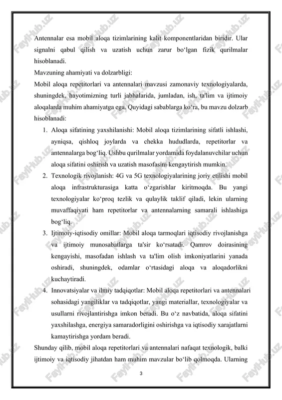 ning muvaffaqiyati uchun kalit hisoblanadi. 1. mobil aloqa repetitorlarining asosiy funktsiyalari mobil aloqa repetitorlari mobil aloqa tizimlarining muhim elementlari bo‘lib, bir nechta asosiy funktsiyalarni bajaradi. ularning eng muhim vazifalarini quyidagi tarzda ko‘rib chiqish mumkin: 1. signalni qabul qilish va kuchaytirish: · repetitorlar mobil qurilmalardan kelayotgan zaif signalni qabul qiladi va uni kuchaytiradi. bu jarayon orqali aloqa sifatini yaxshilash va signalning uzatish masofasini oshirish mumkin. 2. signalni tarqatish: · qabul qilingan va kuchaytirilgan signalni boshqa mobil qurilmalarga tarqatadi. repetitorlar, ko‘pincha, signallarni ma'lum bir yo‘nalishga yoki 360 darajada tarqatishga qodir, bu esa aloqa qamrovini kengaytiradi. 3. qamrov maydonini kengaytirish: · repetitorlar aloqa qamrovini kengaytirish maqsadida ishlatiladi, ayniqsa, qiyin va chekka joylarda. ular, masalan, tog‘li hududlar yoki yirik binolar atrofida signalni ta'minlashga yordam beradi. 4. aloqa yuklamalarini boshqarish: · mobil aloqa repetitorlari, tarmoqdagi trafikni optimallashtirish orqali bir nechta foydalanuvchi o‘rtasida yuklamalarni taqsimlash imkonini beradi. bu, aloqani yanada samarali qiladi va foydalanuvchilarga yuqori sifatli …