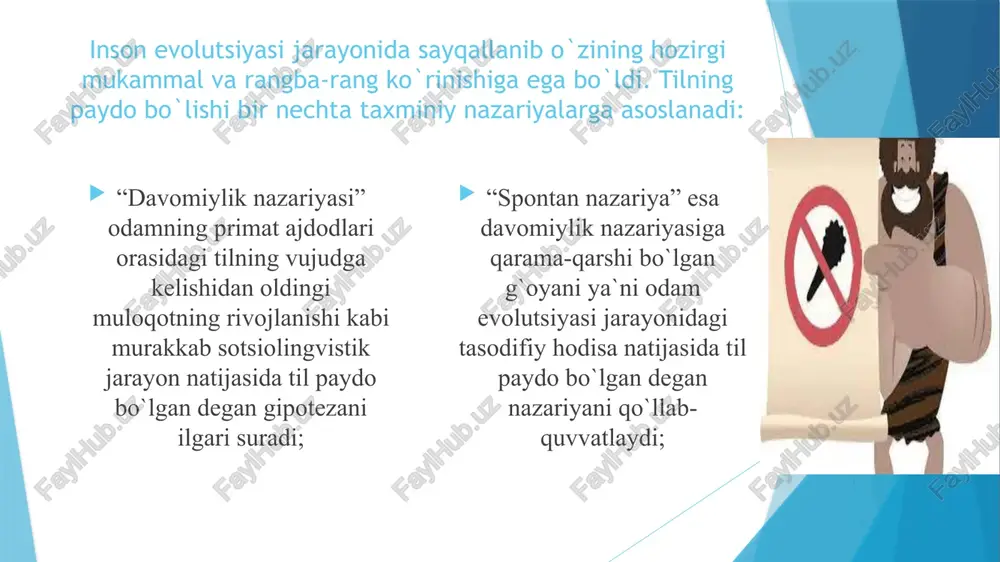 va iboralarni takrorlaydi. biroq, ular inson kabi gaplashishga qodir emas og’zaki nutqqa o’rganish - insoniyatning evolyutsion taraqqiyotida hal qiluvchi qadam bo’ldi. nutq qobiliyati unga inson sivilizatsiyasi asoslarini qurish imkoniyatini yaratdi. dastlabki inson jamoalari og’zaki nutqni birgalikda harakat qilish, mudofaa, umuman faoliyatning hamma turlarida hamjihatlik ko’rsatish, hamkorlik qilish, buyruqlarni ifodalash maqsadiga qaratganlar va bundan uzoq vaqt samarali foydalanganlar. u paytlardagi inson tiliining so’z boyliklari ko’p miqdorda bo’lmasa-da, davr o’tishi bilan, ayniqsa, kishilar, jamoalar bir-birining tilini boyitish imkoniyatlari tufayli u tobora boyib, takomillashib bordi til og’zaki va yozma nutq sifatida to’la shakllangach, u insonning ham jisman, ham ijtimoiy jihatdan juda tez taraqqiy etishini ta'minladi. til tufayli insoniyatning ijtimoiy hayoti, uning naslining miqdoriy jihatdan o’sishi ham aql bovar qilmas darajada ilgarilab ketdi. bir vaqtlar tropik o’rmonlarda oddiy tirikchilik uchun jon berib, jon olib yurgan odamzod nutq sharofati bilan zaminning yakkayu yagona egasiga aylandi. miqdoriy jihatdan ham o’sdi. ibtidoiy odamlarning dastlabki muomala vositalari va …