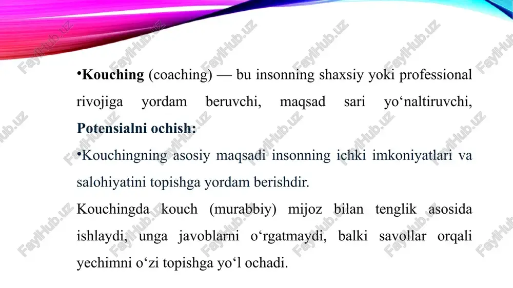 — insonning ichki imkoniyatlarini ochish, o‘z hayoti va faoliyatida ongli qarorlar qabul qilishiga ko‘maklashuvchi zamonaviy yondashuvdir. to‘g‘ri model, shakl va tur tanlansa, kouching orqali katta o‘zgarishlarga erishish mumkin. e’tiboringiz uchun rahmat image2.png image3.png image4.png image5.png image1.png /docprops/thumbnail.jpeg