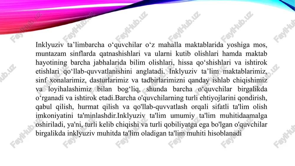 elgilanadi mamlakatimizda bugungi kunda jismoniy yoki aqliy rivojlanishida nuqsoni bo‘lgan bolalar uchun mo‘ljallangan 86 ta ixtisoslashtirilgan davlat ta'lim muassasasida 21 ming 363 bola ta'lim-tarbiya olmoqda. 13 ming 868 o‘quvchiga esa uyda yakka tartibda ta'lim beriladi. prezidentimizning 2018 yil 5 sentyabrda qabul qilingan ―xalq ta'limi tizimiga boshqaruvning yangi tamoyillarini joriy etish chora-tadbirlari to‘g’risidagi qarori tizim rivojida muhim ahamiyat kasb etadi.inklyuziv ta’limning huquqiy-me’yoriy asoslari ikki xil bo‘ladi:xorijiy va milliy.xorijiy asoslar “inson huquqlari umumjahon deklaratsiyasi”(1948-yil),”bolalar huquqlari to‘g’risida”gi konvensiya(1989-yil),”nogironlar huquqlari to‘g’risida”gi deklaratsiya(1975- yil),”ta’lim nima uchun”umumjahon deklaratsiyasi(1990-yil),salamanka bayonoti(1994- yil),dakar deklaratsiyasi(2000-yil) ga tayanadi.milliy asoslarni esa o‘zbekiston respublikasi konstitutsiyasi(1992-yil), “nogironlarni ijtimoiy himoya qilish to‘g’risida”gi qonun (1991- yil), “ta’lim to‘g’risida”gi qonun(1997-yil),”bola huquqlari kafolatlari to‘g’risida”gi qonun (2008- yil),”nogironligi bo‘lgan shaxslarni davlat tomonidan qo‘llab-quvvatlash tizimini tubdan takomillashtirish chora-tadbirlari to‘g’risida”gi pf-5270-farmon (2017-yil),”xalq ta’limi tizimini 2030-yilgacha rivojlantirish konsepsiyasi to‘g’risida”gi pf-5712- farmon(2019-yil) lar tashkil etiladi. 2020-2025-yillarda xalq ta’limi tizimida inklyuziv ta’limni rivojlantirish,alohida ta’lim ehtiyojlari bo‘lgan bolalarga ta’lim sifatini yaxshilash hamda ularga ko‘rsatiladigan ta’lim …