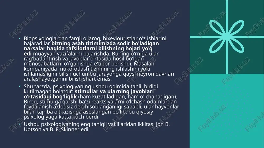 hidan va operant konditsionerlik tushunchasidan kelib chiqadi. bixevioristlar bunga ishon o'rganish aslida yuzaga keladi yangi xatti-harakatlar yoki xatti-harakatlardagi o'zgarishlar stimullar va javoblar o'rtasidagi assotsiatsiyalar orqali olinganda. shunday qilib, assotsiatsiya xatti-harakatlarning o'zgarishiga olib keladi. biheviorizm faqat ob'ektiv va kuzatilishi mumkin bo'lgan xatti-harakatlarni o'rganadigan psixologiya maktabi bo'lib, u ichki his-tuyg'ular, holatlar yoki fikrlar bilan bog'liq emas. barcha xatti-harakatlar shartli bo'lib, rag'batlantirish-javob o'zaro ta'siriga asoslanadi. oddiy so'zlar bilan bixeviorizm nima? ta'rif. biheviorizm bu faqat ob'ektiv ravishda kuzatilishi mumkin bo'lgan xatti-harakatlarga e'tibor qaratadigan va ongning har qanday mustaqil faoliyatini chegirmali o'rganish nazariyasi. xulq-atvor nazariyotchilari o'rganishni atrof-muhit sharoitlari asosida yangi xulq-atvorni egallashdan boshqa narsa emas deb ta'riflaydilar. bixeviorizmning o'tmishdoshi uotson psixologiya fanining asoschisi hisoblanadi, chunki u ko'plab olimlarning ish natijalarini birlashtirgan holda bixeviorizmning izchil metodologiyasini yaratgan. ammo bu sohadagi birinchi muhim ish edvard li thordayk (1874-1949) tufayli paydo bo'ldi. aynan u birinchi bo'lib hayvonlarga eksperimentlar o'tkazishni boshladi, ularning xatti-harakatlarining ob'ektiv ko'rinishini o'rganishga harakat qildi. uning …