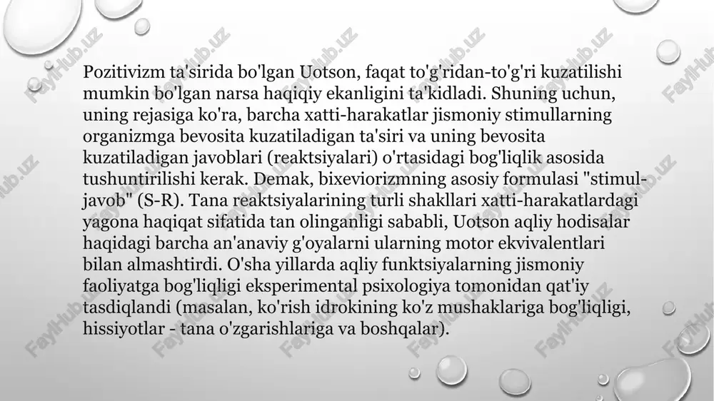 tana harakatlarini qamrab olgan holda kengaytirganligidadir. ammo u bunga faqat fanning predmeti sifatida psixikaning tashqi ko'rinishdagi xatti-harakatlarga tushirib bo'lmaydigan ulkan boyligini rad etish orqali erishdi. xulq-atvorni tahlil qilish qat'iy ob'ektiv bo'lishi va tashqi kuzatilishi mumkin bo'lgan reaktsiyalar bilan cheklanishi kerak. ob'ektiv ro'yxatga olinmaydigan hamma narsa o'rganilmaydi, ya'ni fikrlar, inson ongini ko'rib chiqish mumkin emas, chunki ularni o'lchash mumkin emas. insonning ichida nima sodir bo'layotganini o'rganish mumkin emas, shuning uchun shaxsiyat "qora quti" vazifasini bajaradi. faqat insonning tashqi harakatlari va ular keltirib chiqaradigan stimullar, vaziyatlar ob'ektivdir. psixologiyaning vazifasi esa reaksiya orqali ehtimoliy qo’zg’atuvchini aniqlash va qo’zg’atuvchi orqali ma’lum reaksiyani bashorat qilishdir. shaxs, bixevioristlar nuqtai nazaridan, ma'lum bir shaxsga xos bo'lgan xulq-atvor reaktsiyalari to'plamidan boshqa narsa emas. rag'batlantiruvchi javob (sr) formulasi bixeviorizmda etakchi bo'lgan. torndik effekti qonuni quyidagilarni aniqlaydi: o'rtasidagi munosabat s va r agar mustahkamlash mavjud bo'lsa, kuchaytiriladi. bu ijobiy (maqtov, kerakli natijani olish, moddiy mukofot va boshqalar) yoki salbiy (og'riq, …